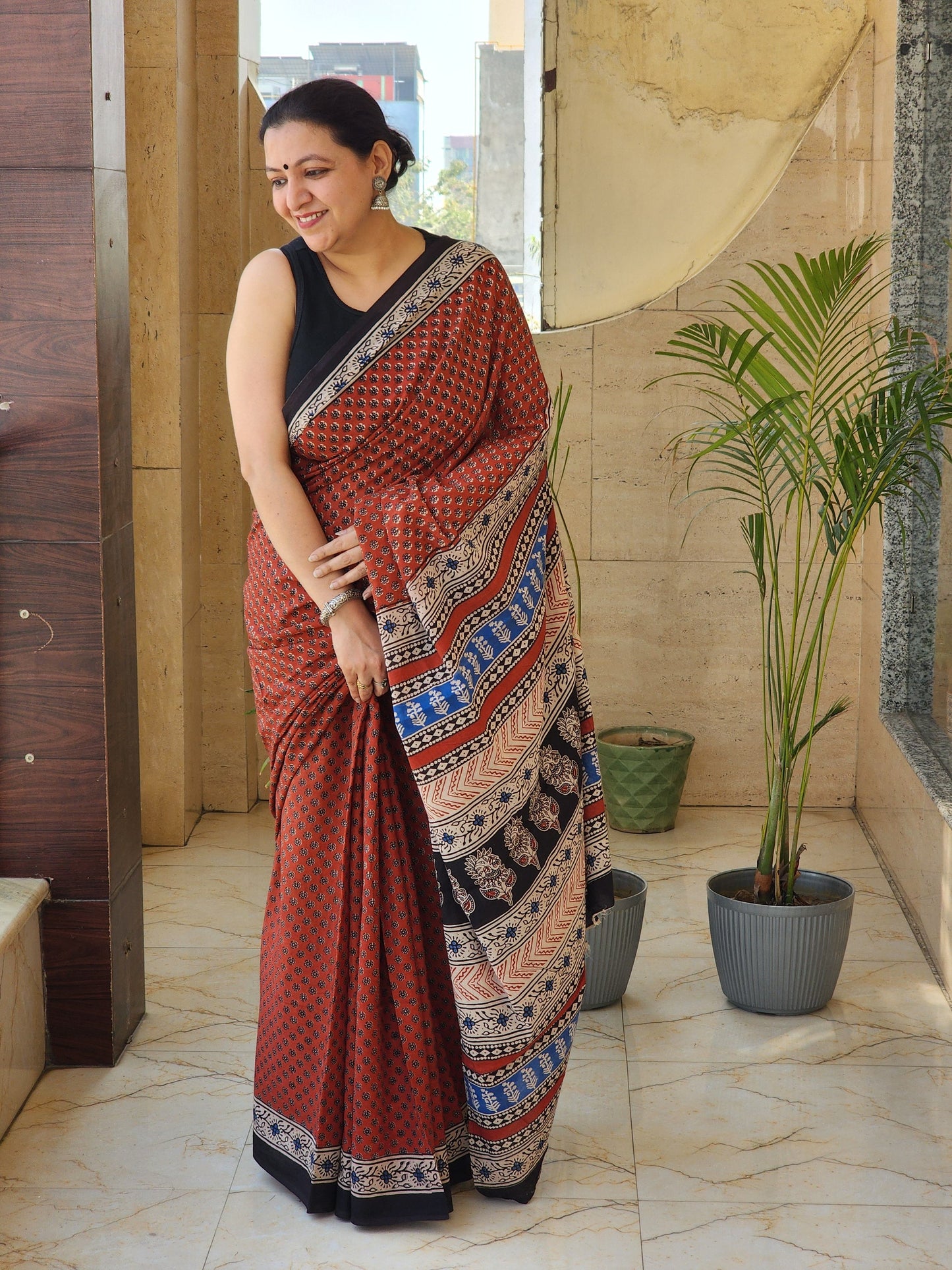 Red handblock cotton saree