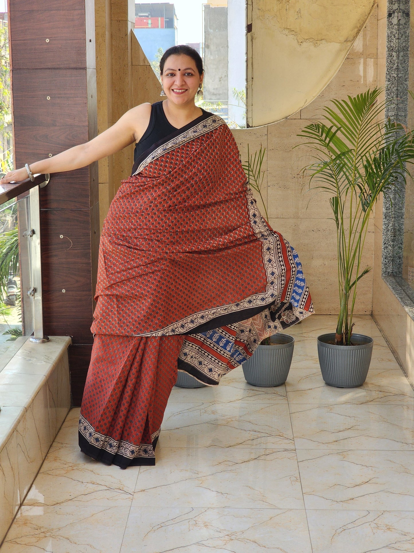Red handblock cotton saree