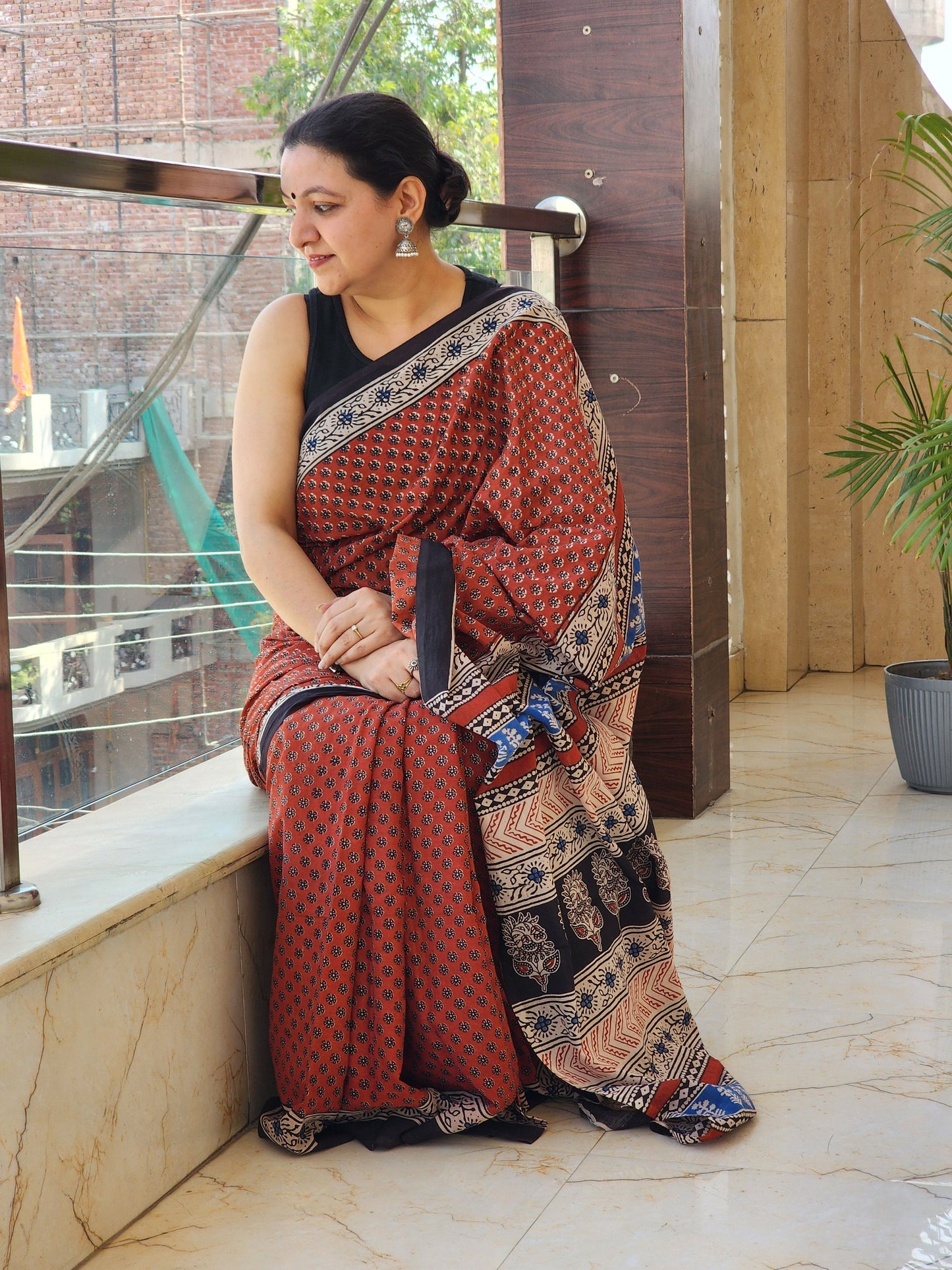 Red handblock cotton saree