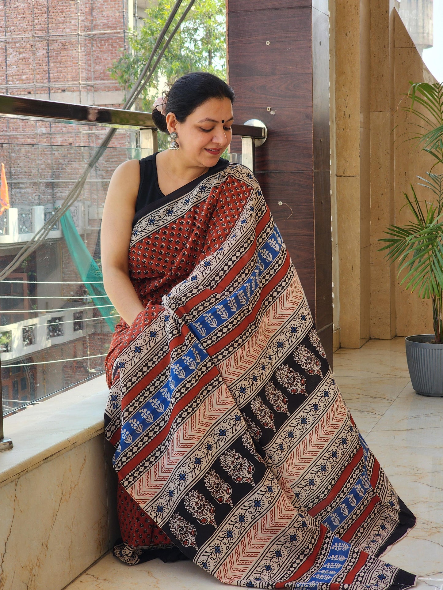 Red handblock cotton saree