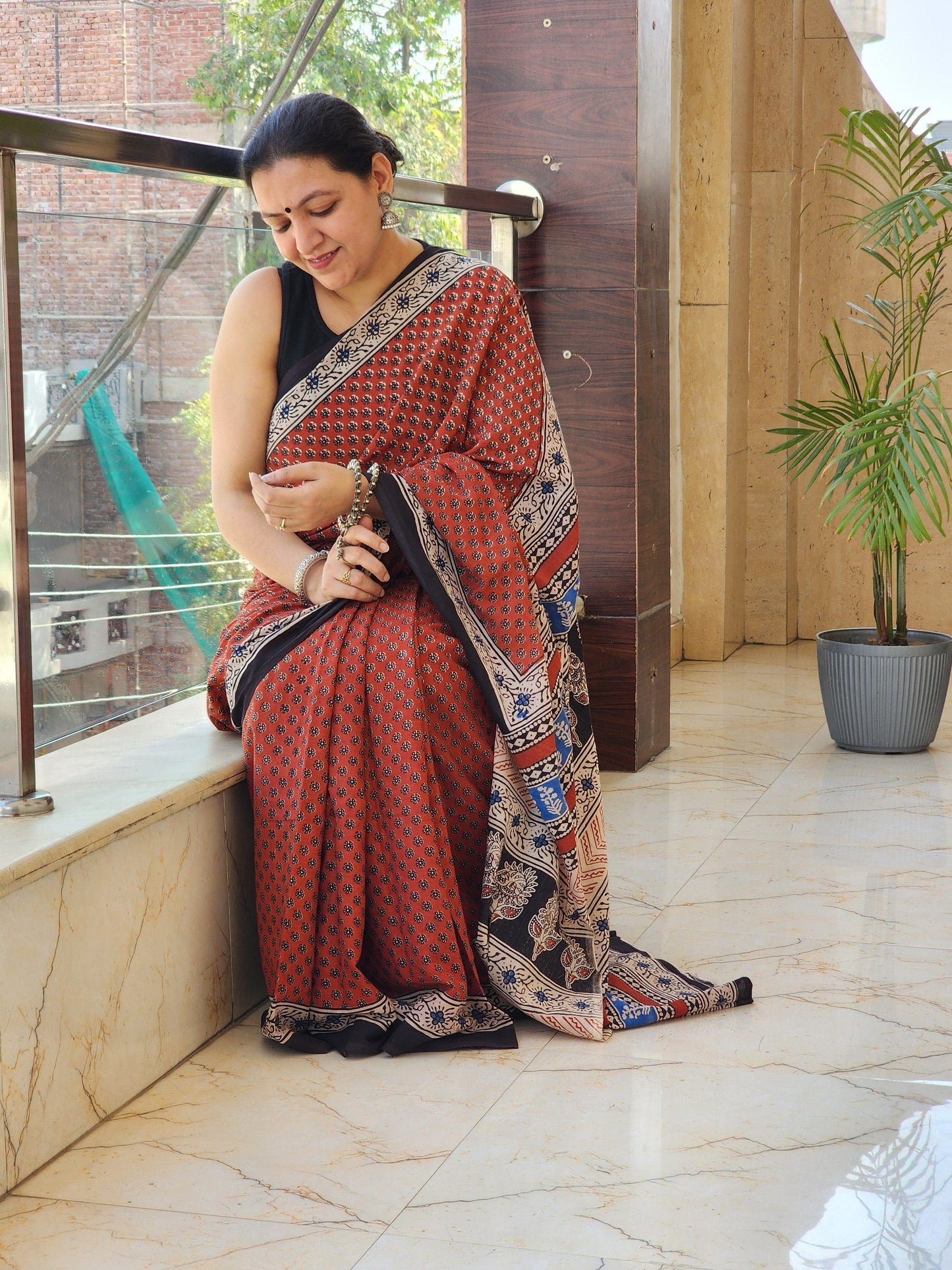 Red handblock cotton saree