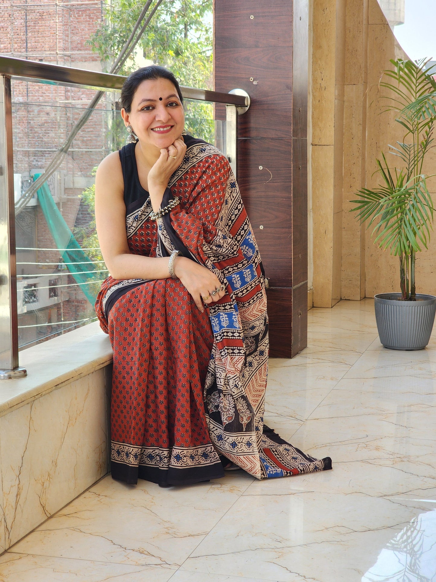 Red handblock cotton saree