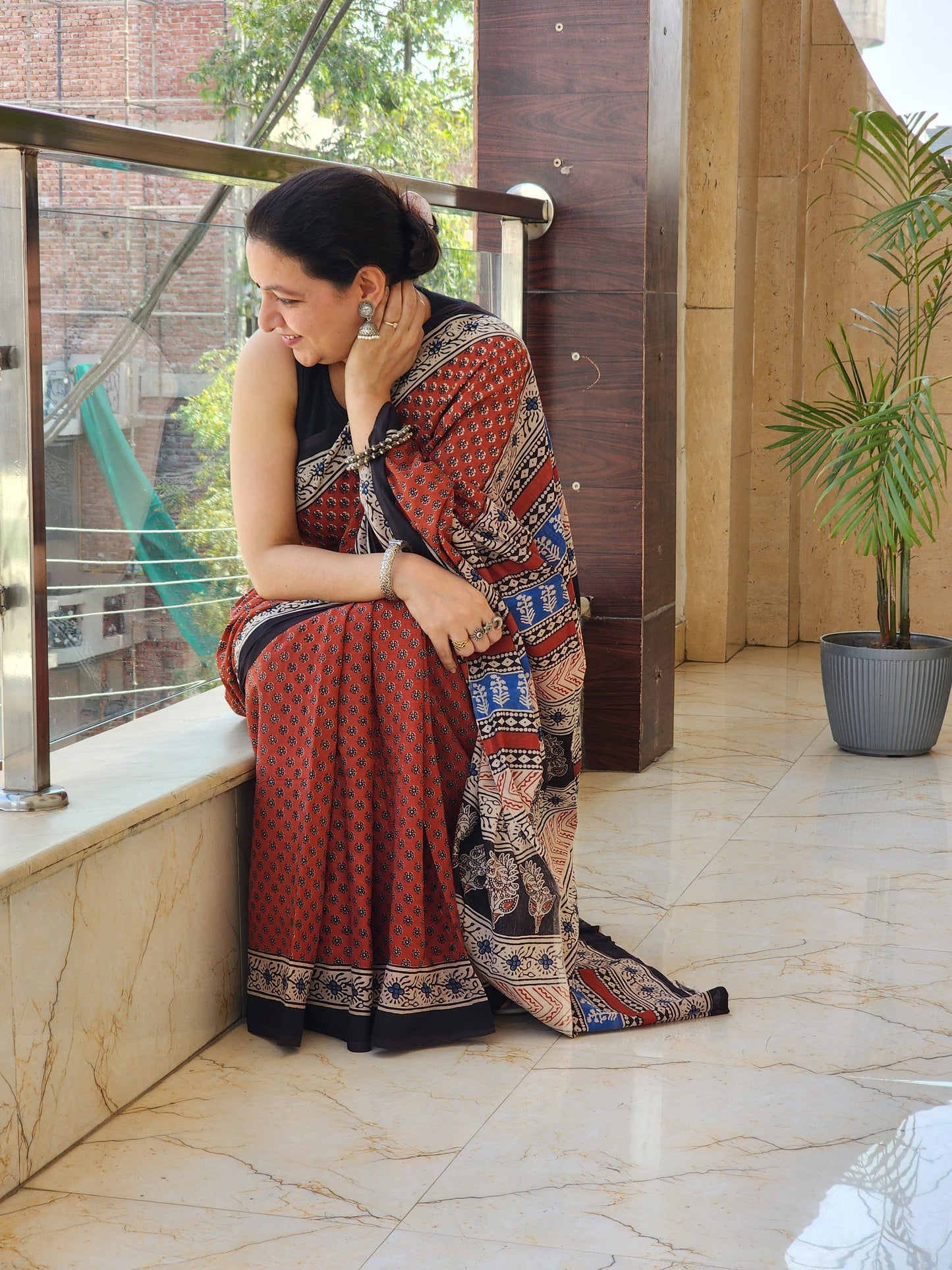 Red handblock cotton saree