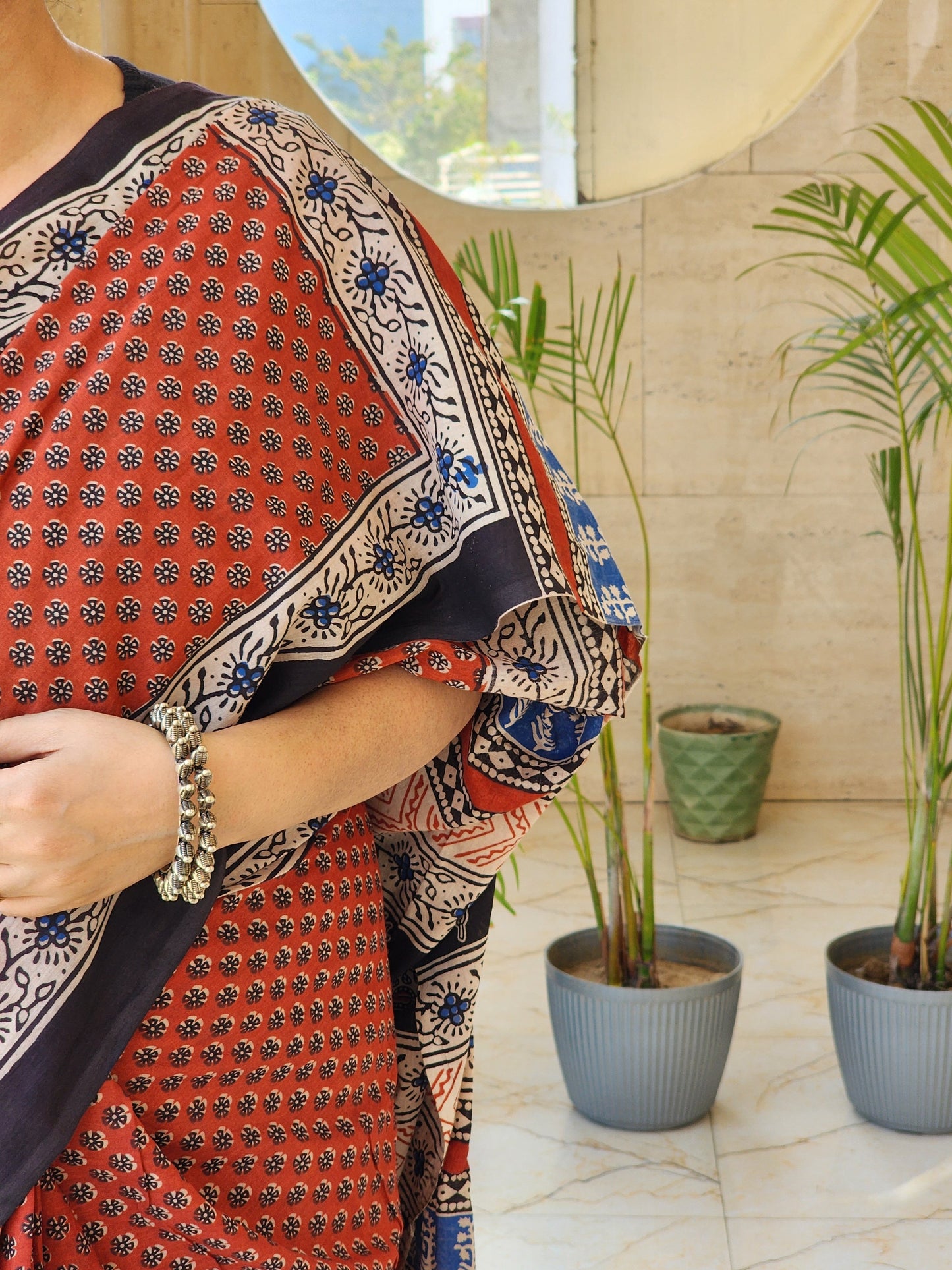 Red handblock cotton saree