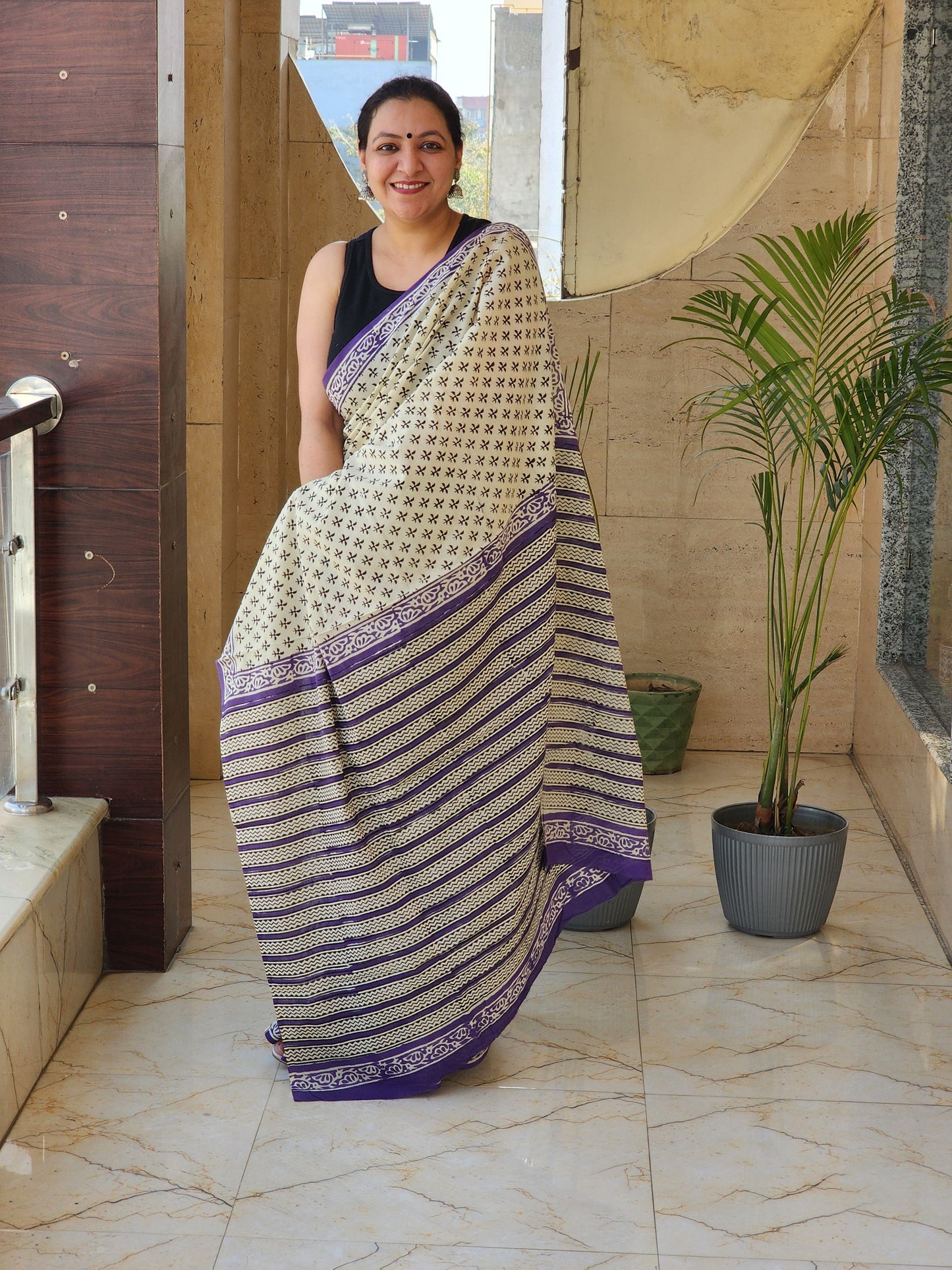 Beige handblock cotton saree