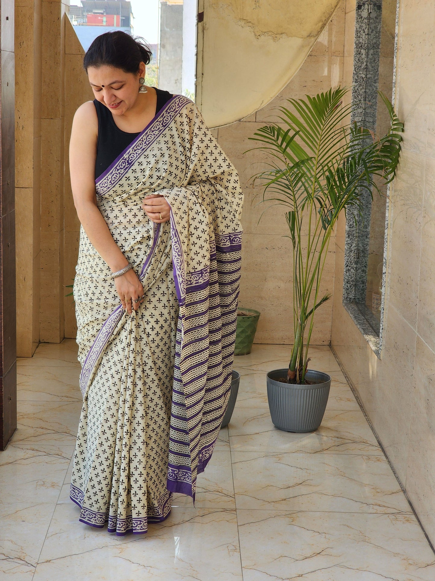 Beige handblock cotton saree