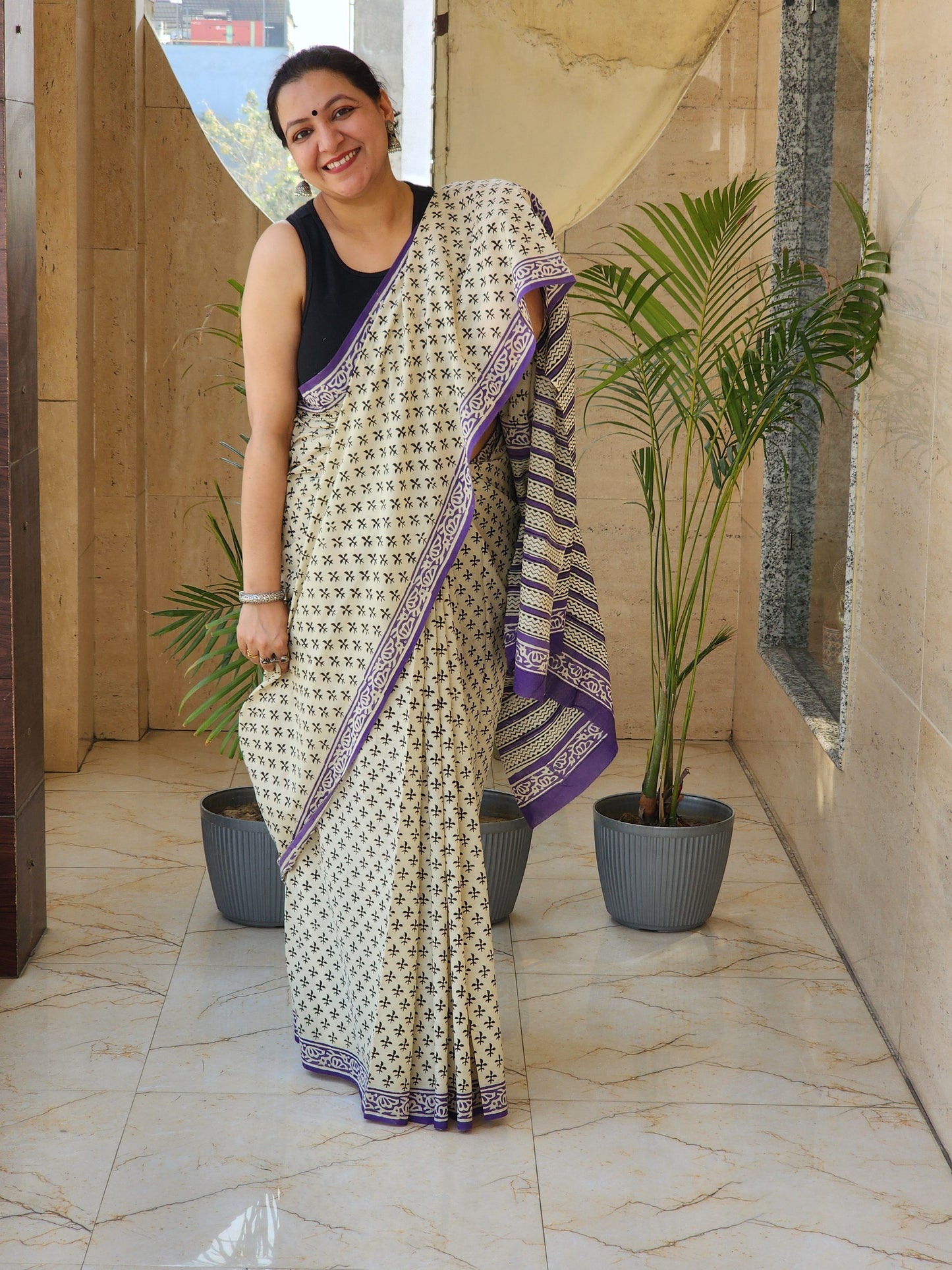 Beige handblock cotton saree