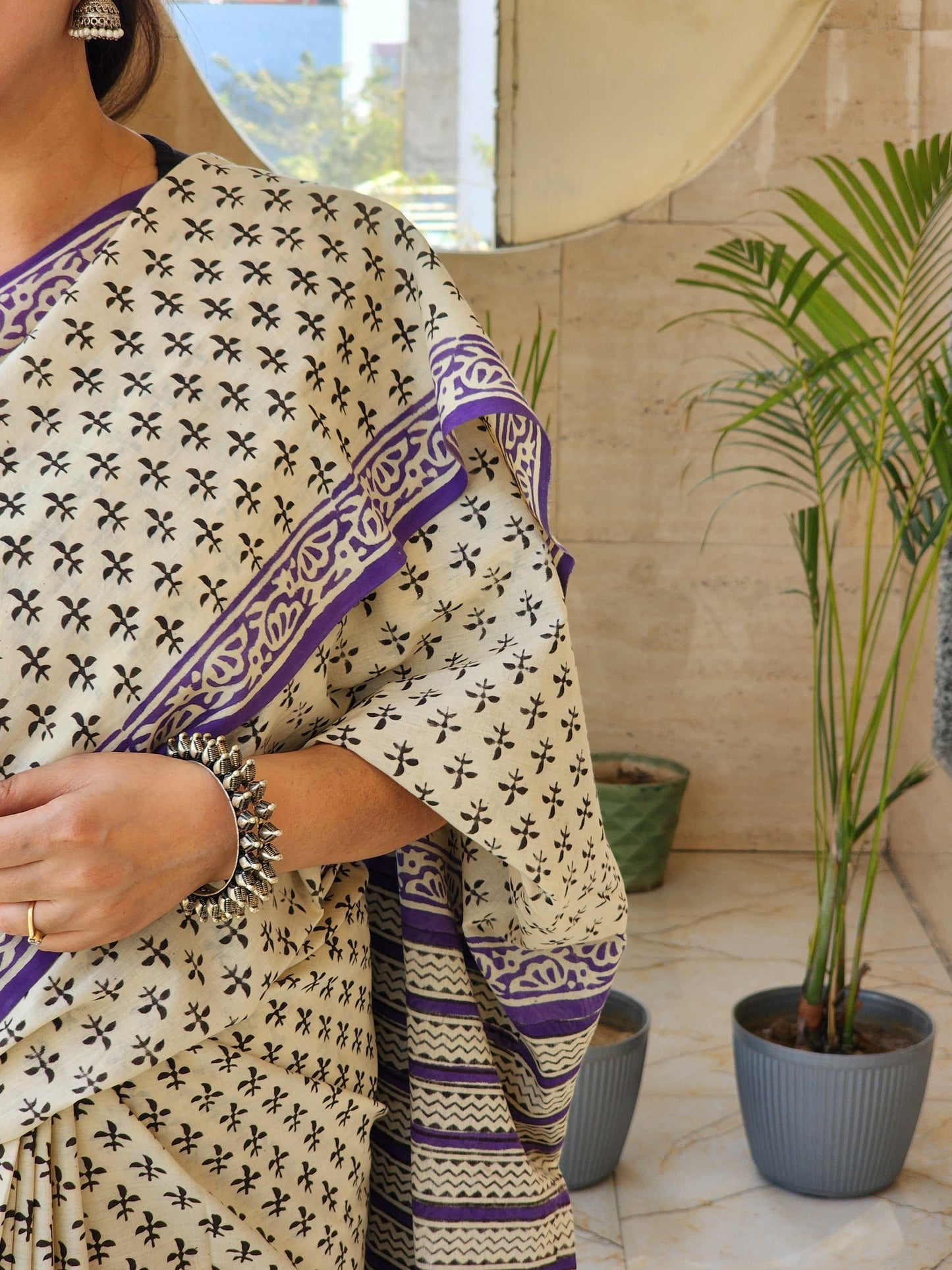 Beige handblock cotton saree