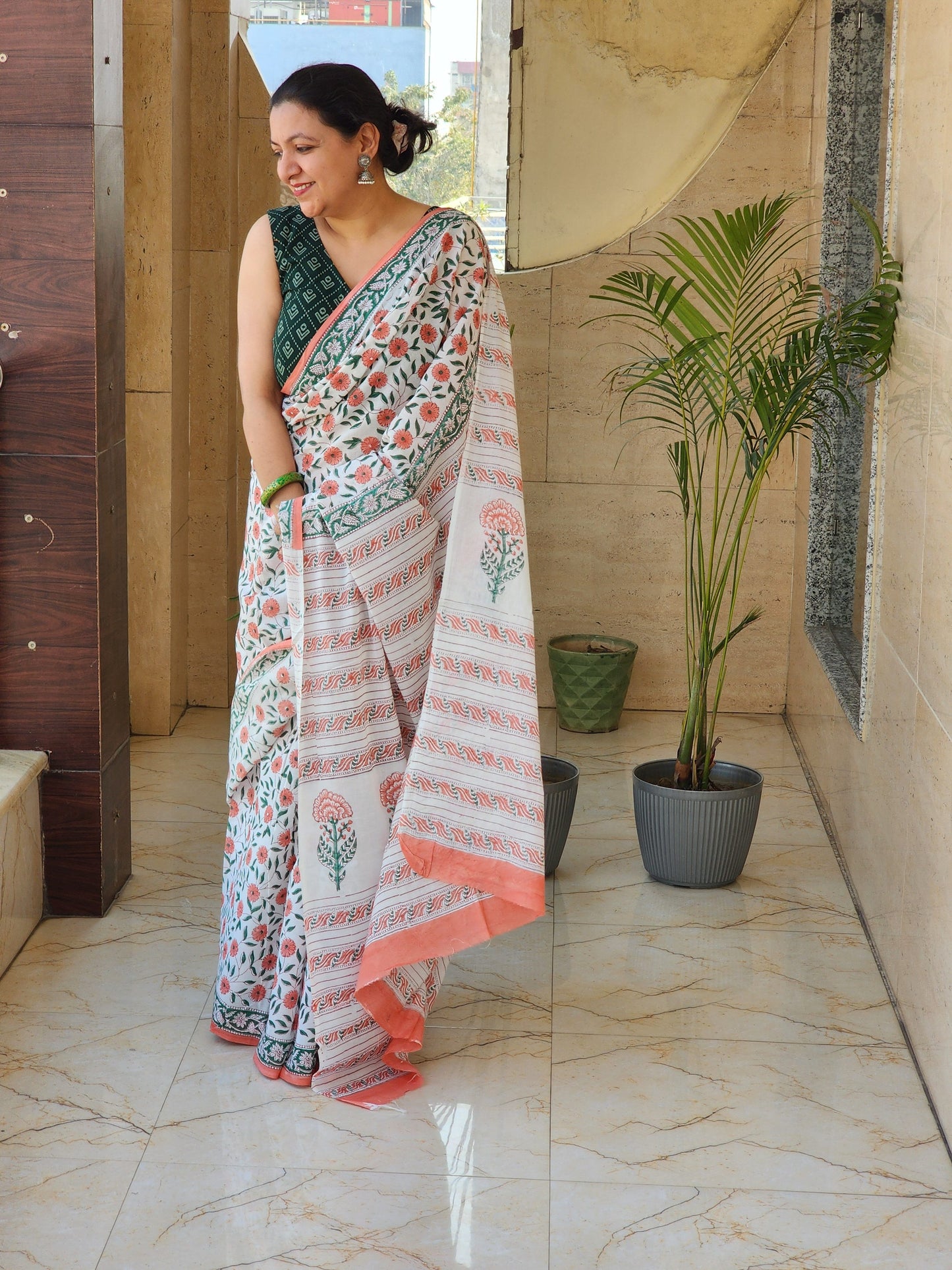 White handblock cotton saree