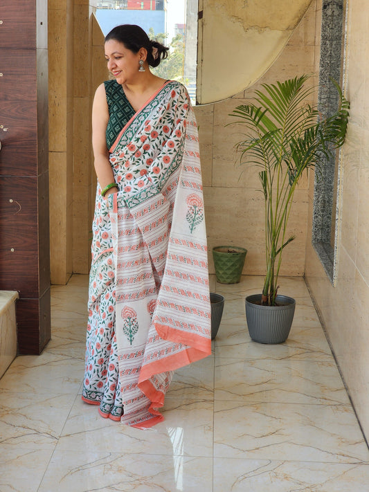 White handblock cotton saree