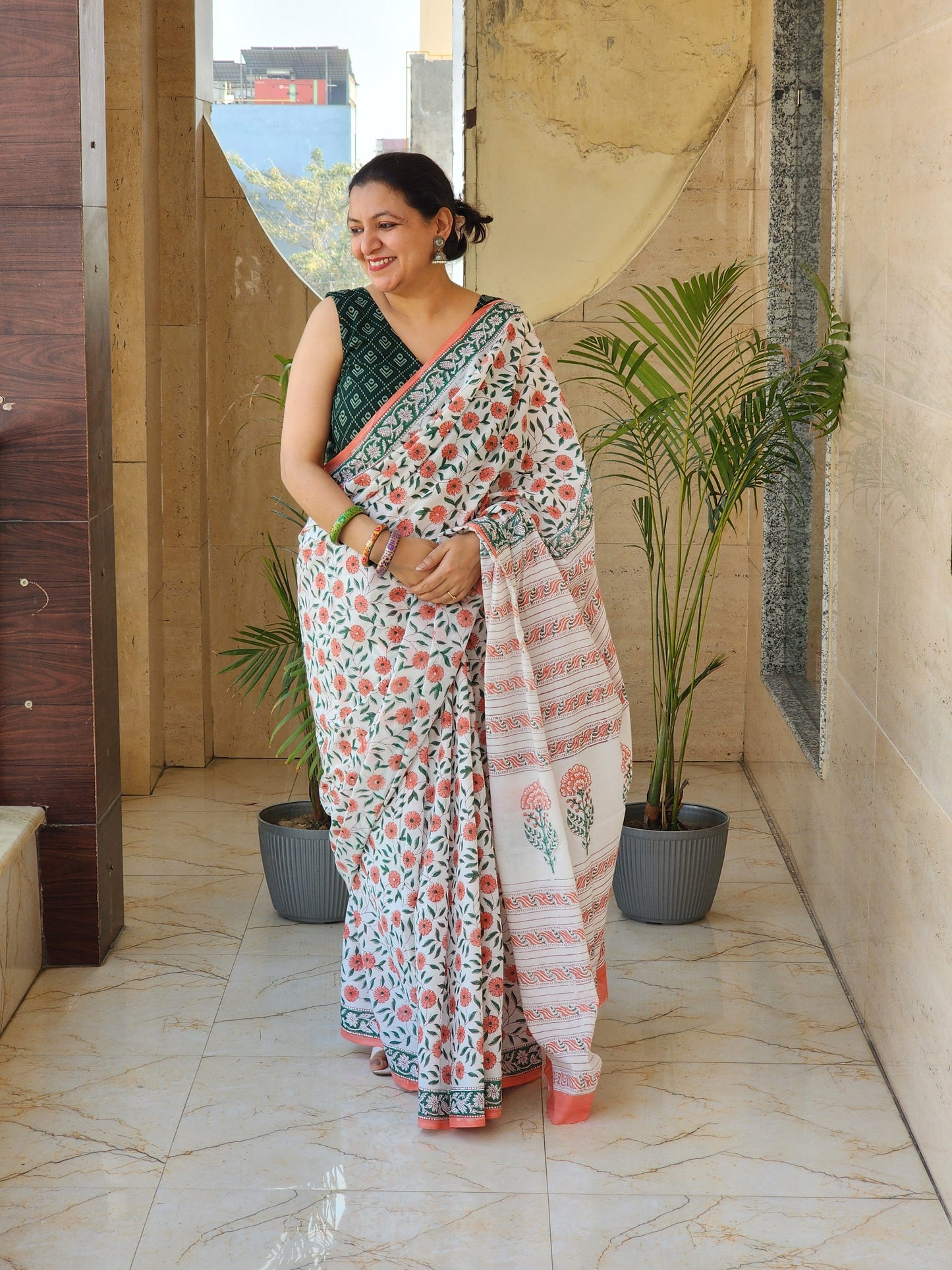 White handblock cotton saree