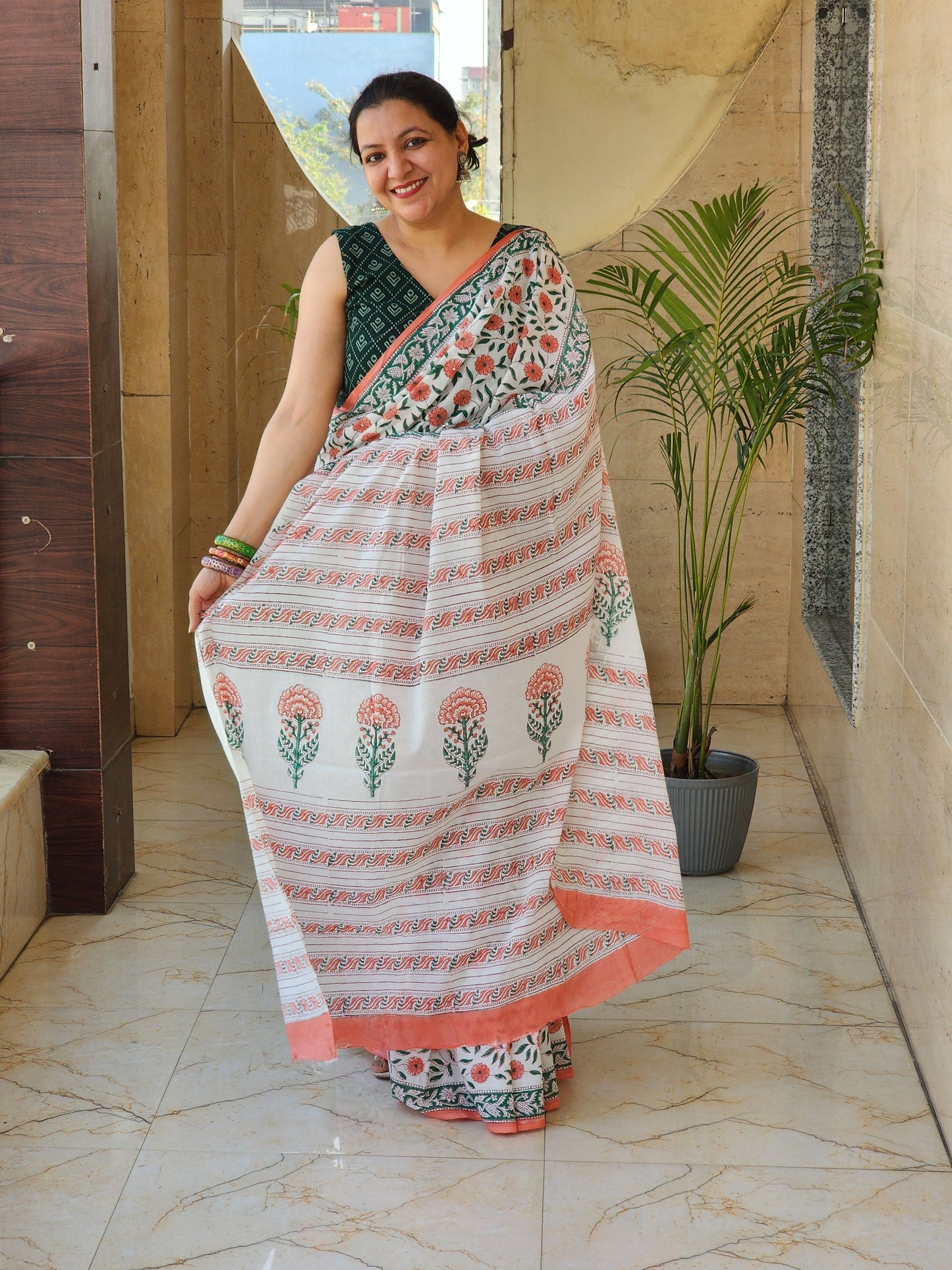 White handblock cotton saree