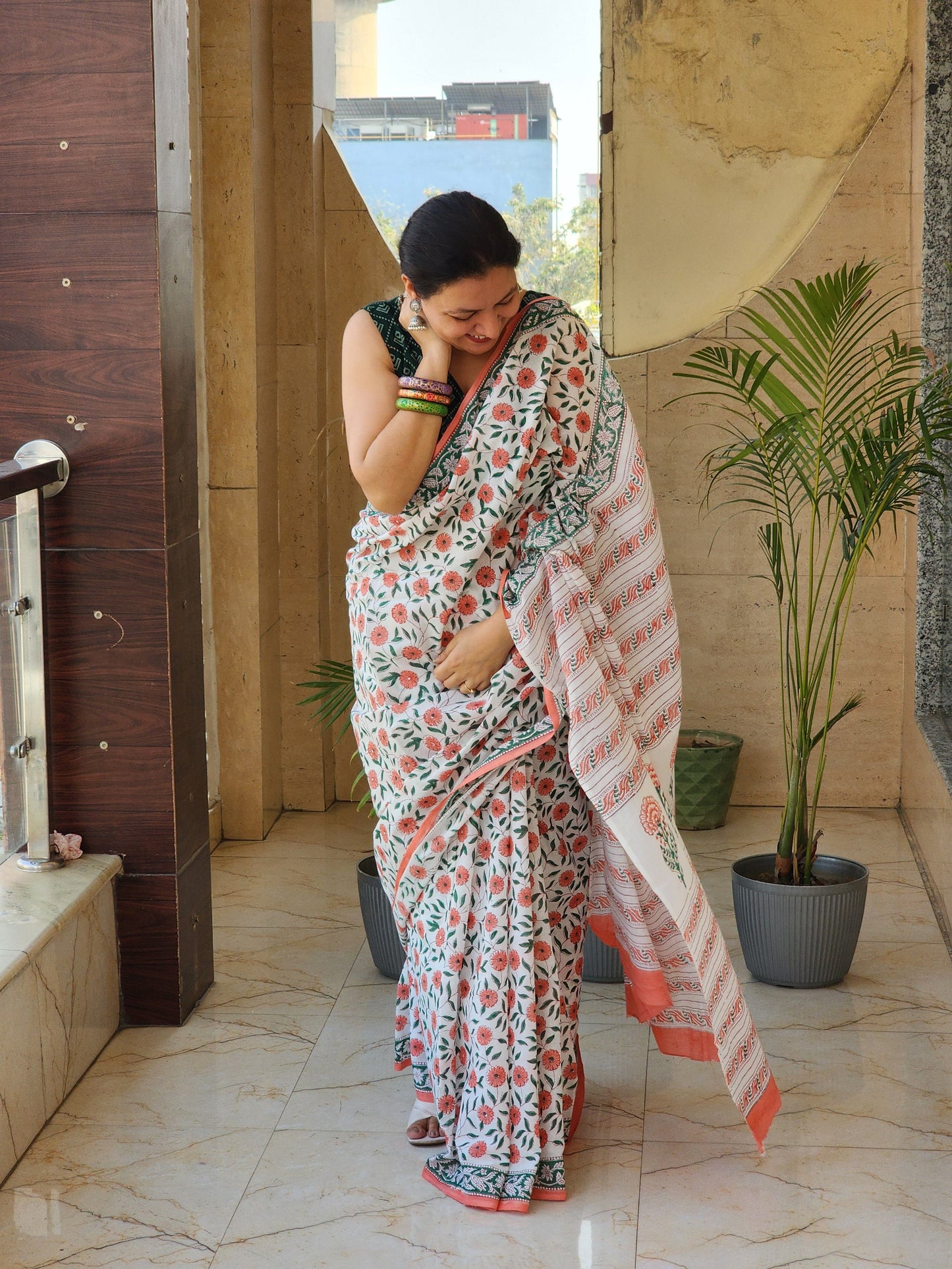 White handblock cotton saree