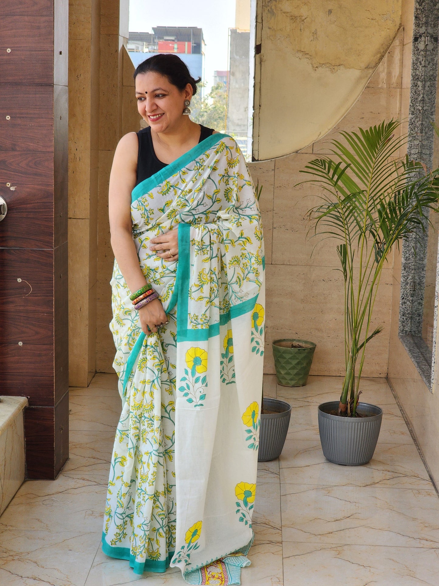 White handblock cotton saree