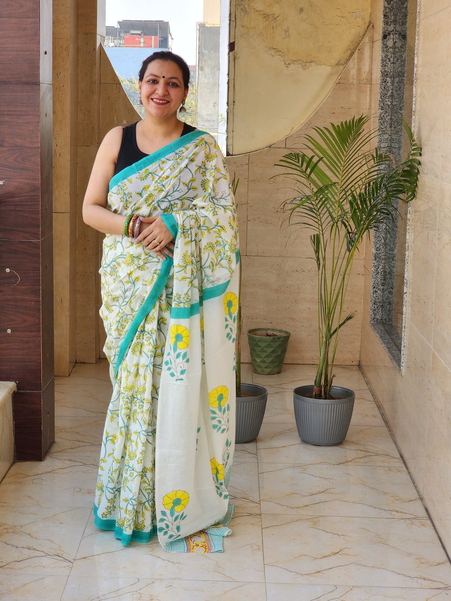 White handblock cotton saree