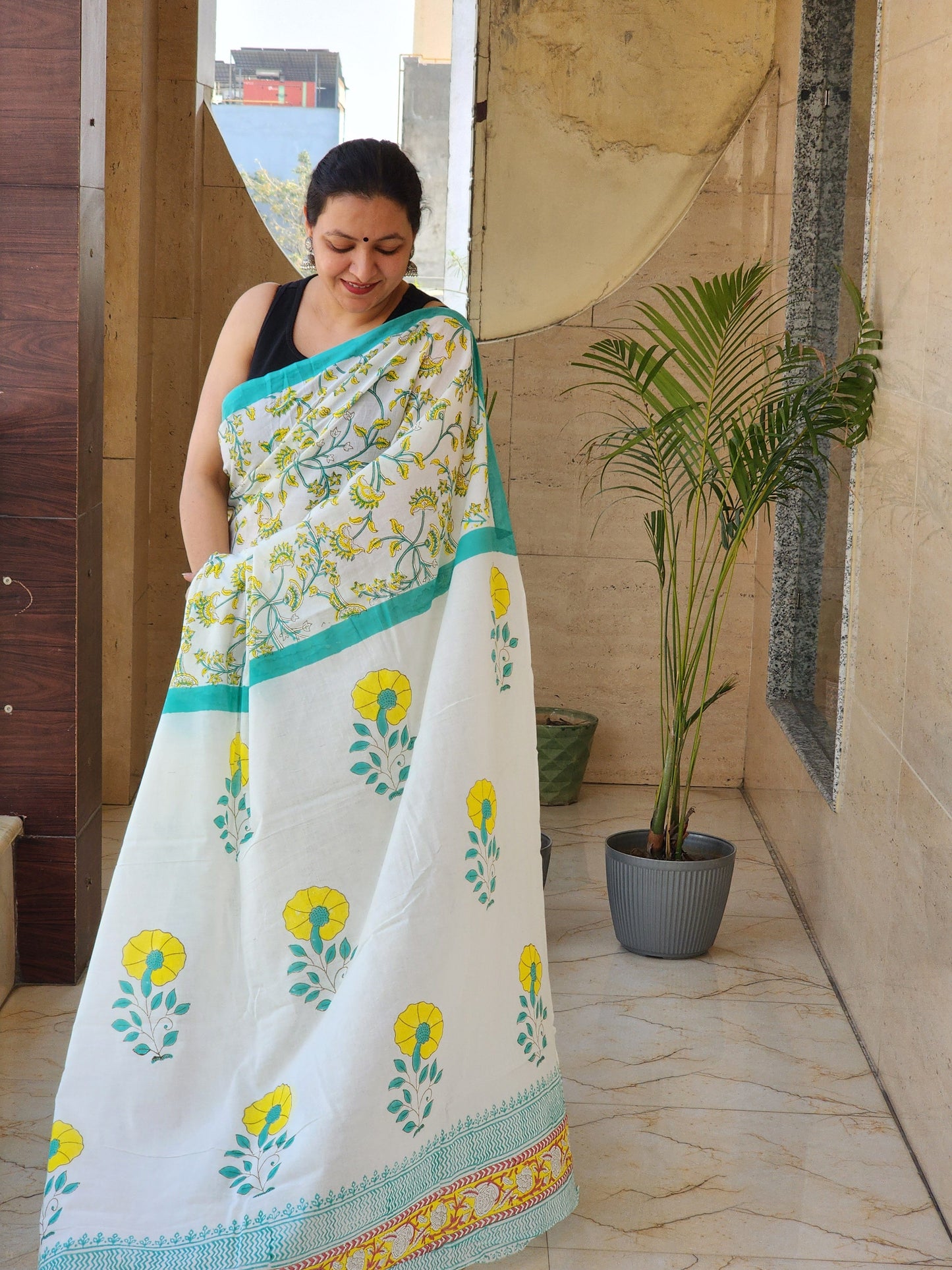 White handblock cotton saree
