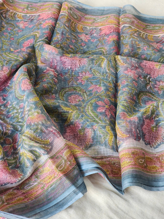 Blue handblock kota saree