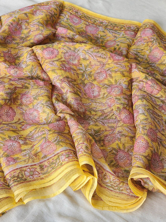 Yellow handblock kota saree
