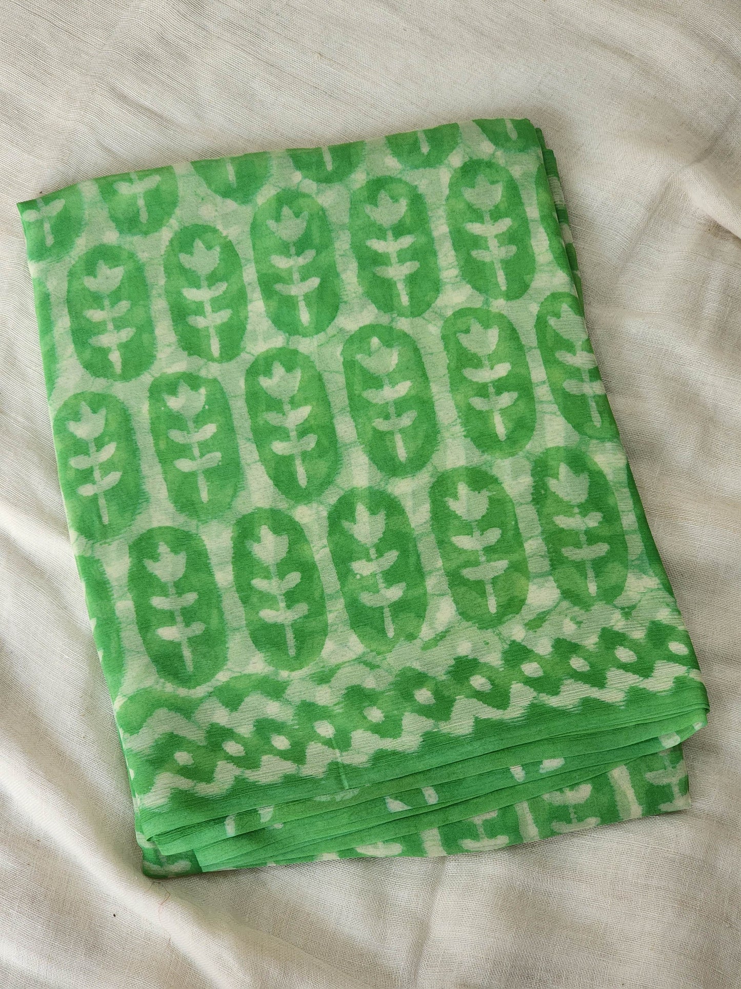 Green Chiffon Handblock Saree