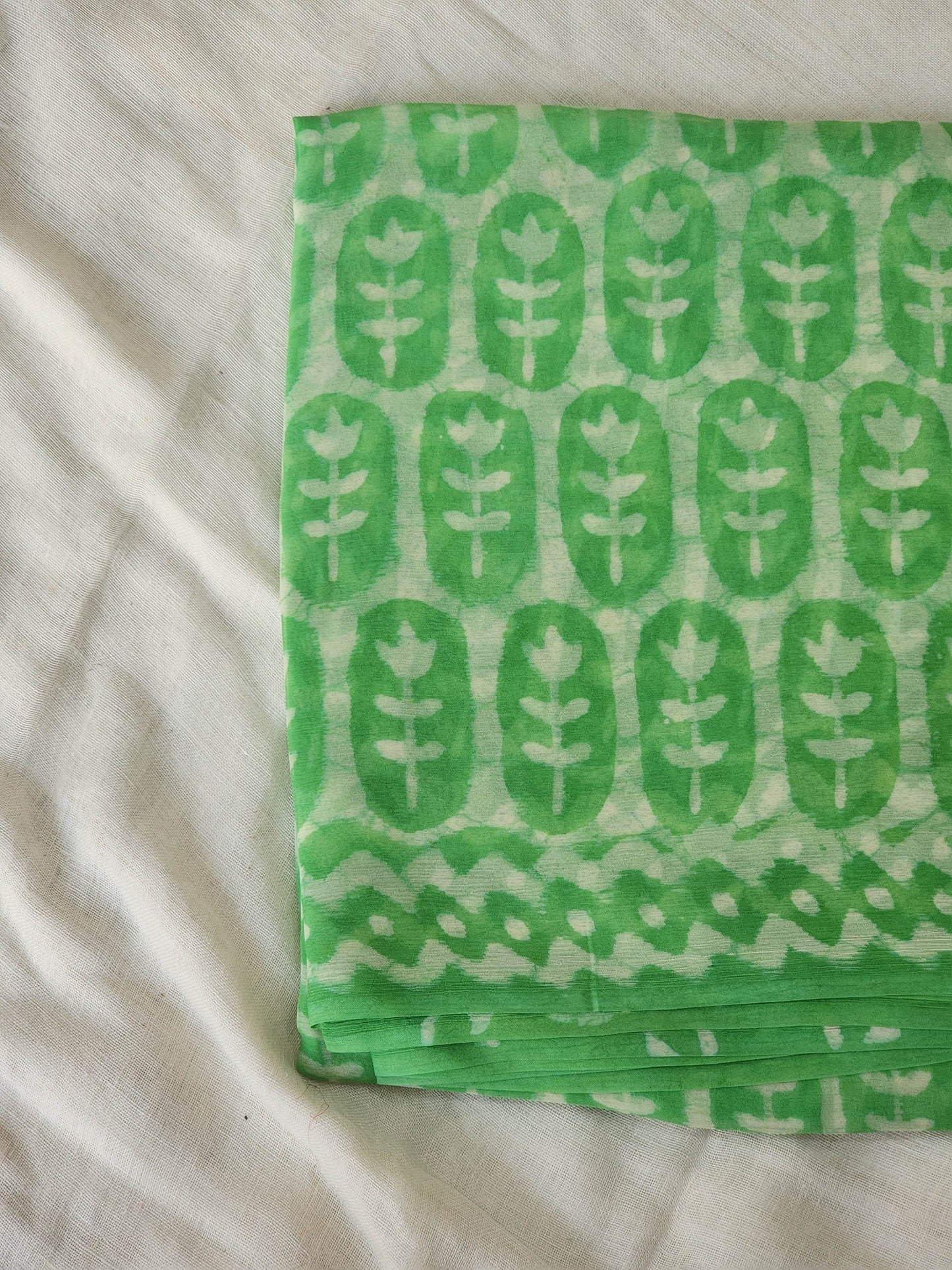 Green Chiffon Handblock Saree