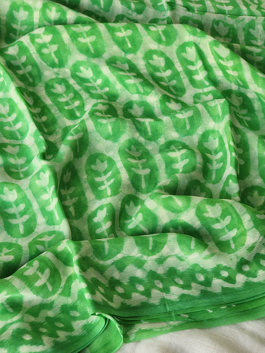 Green Chiffon Handblock Saree