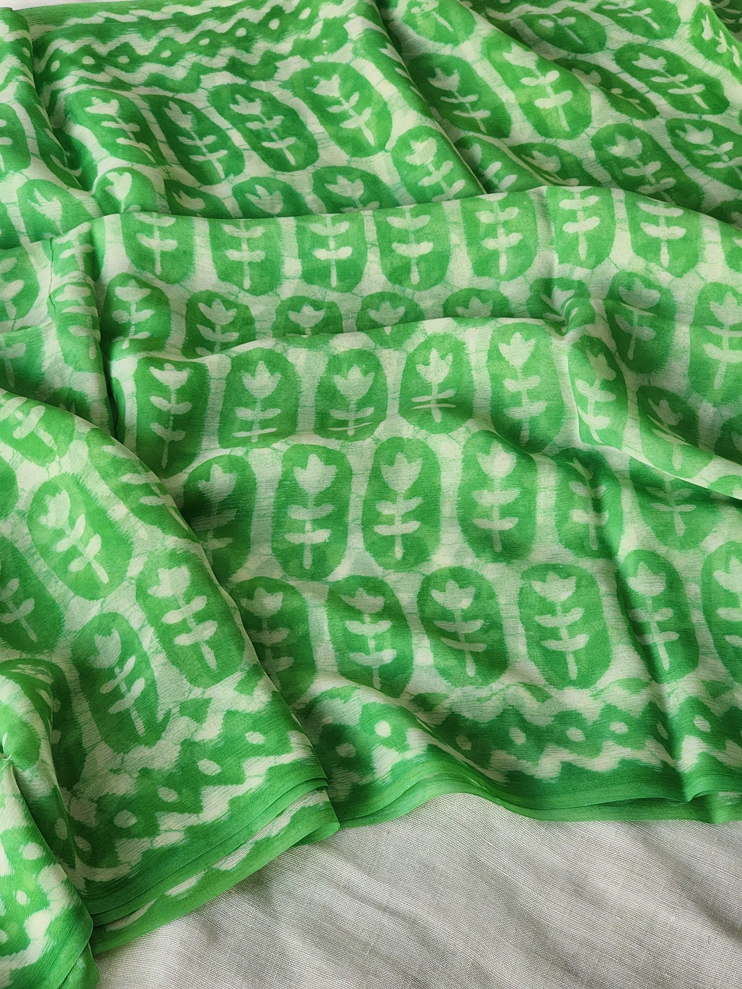 Green Chiffon Handblock Saree