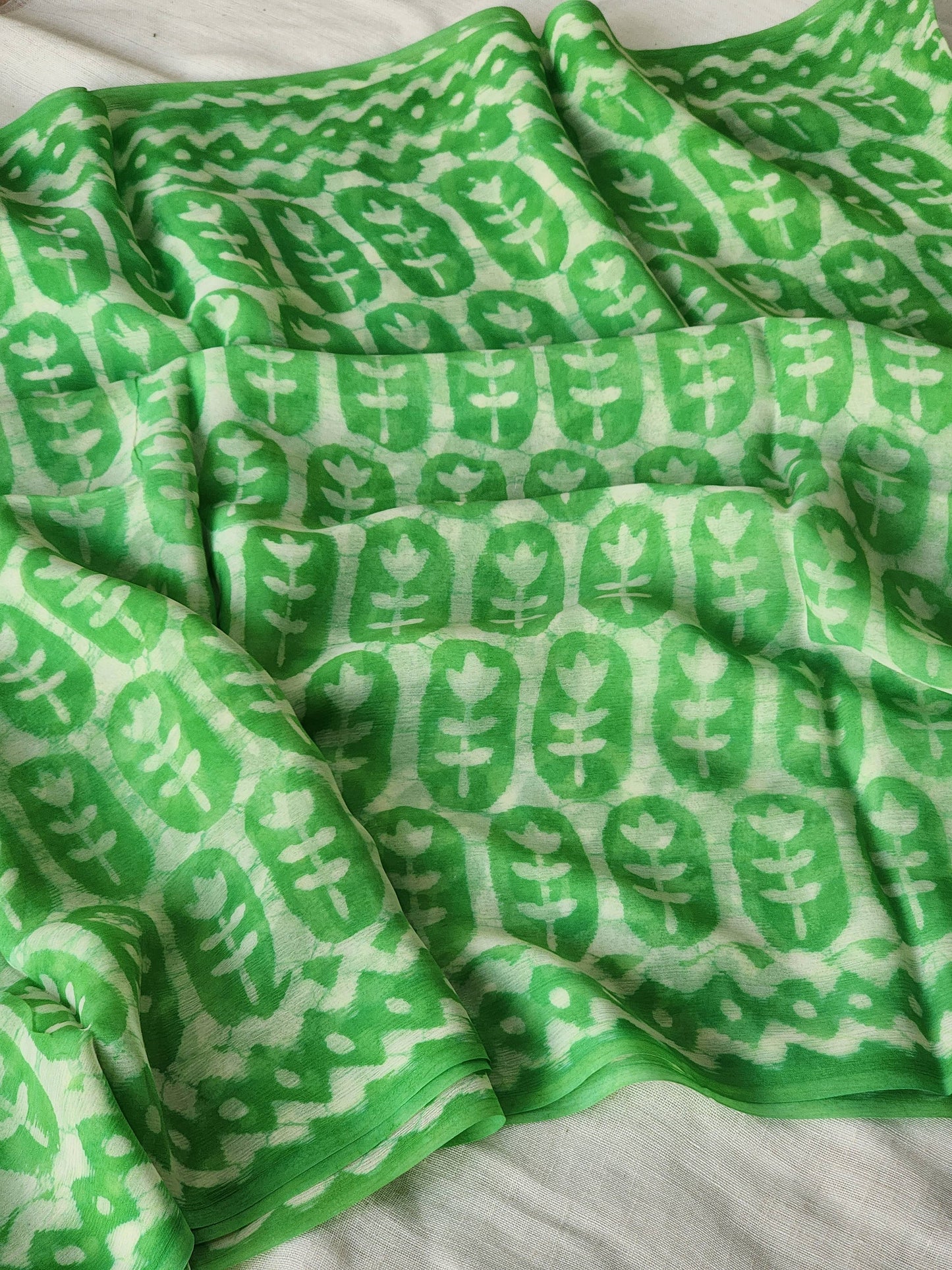 Green Chiffon Handblock Saree