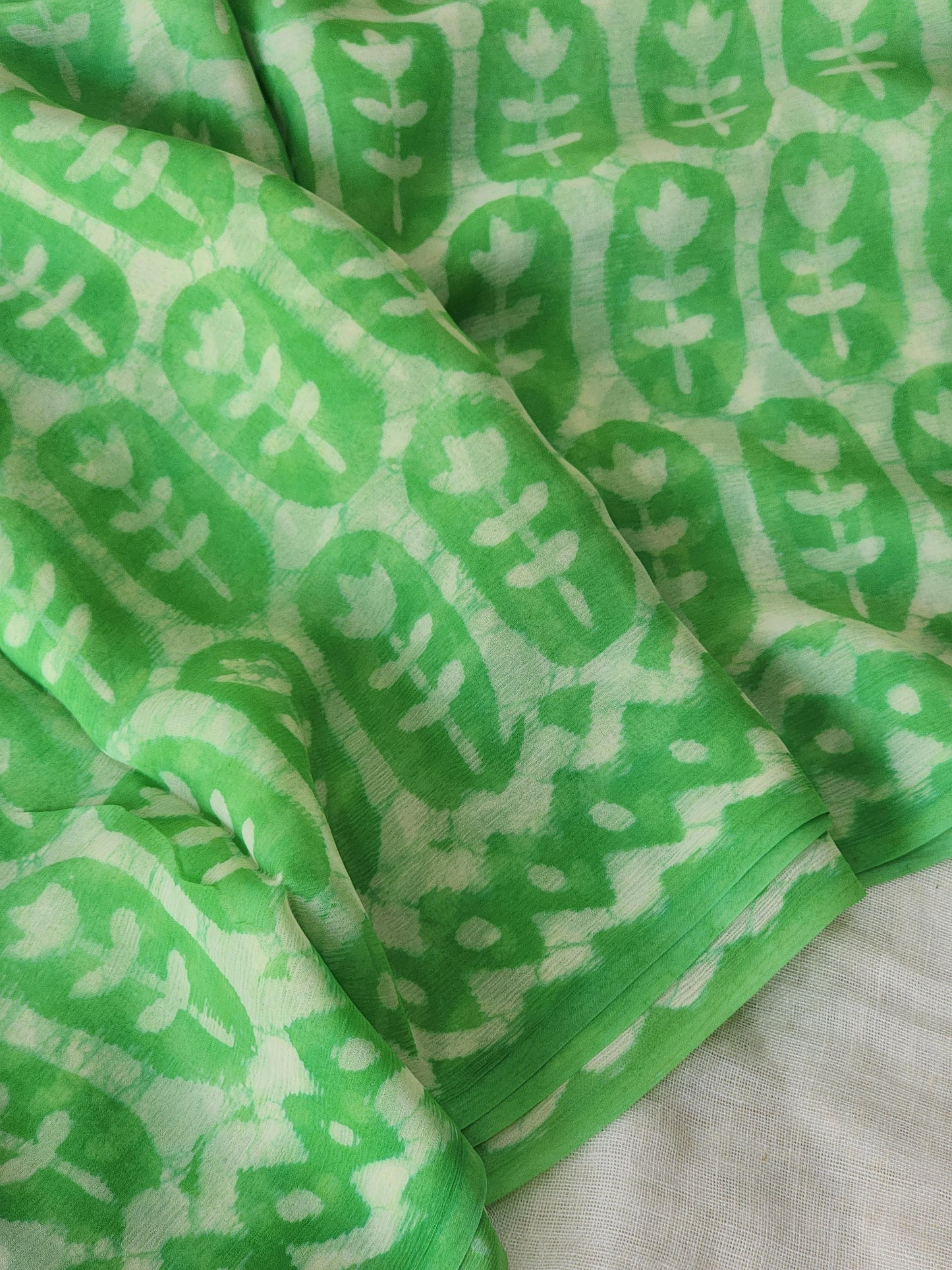 Green Chiffon Handblock Saree