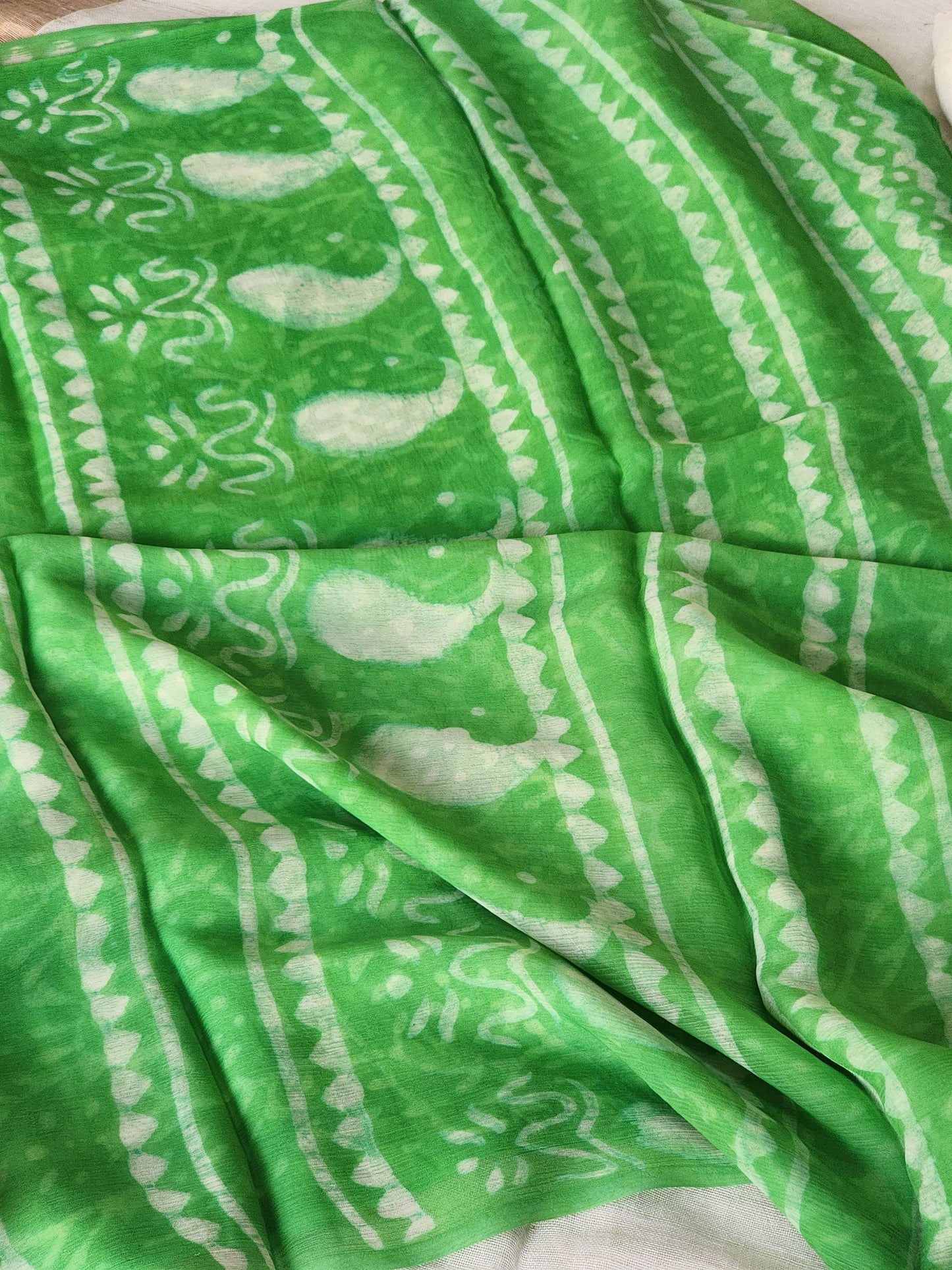 Green Chiffon Handblock Saree