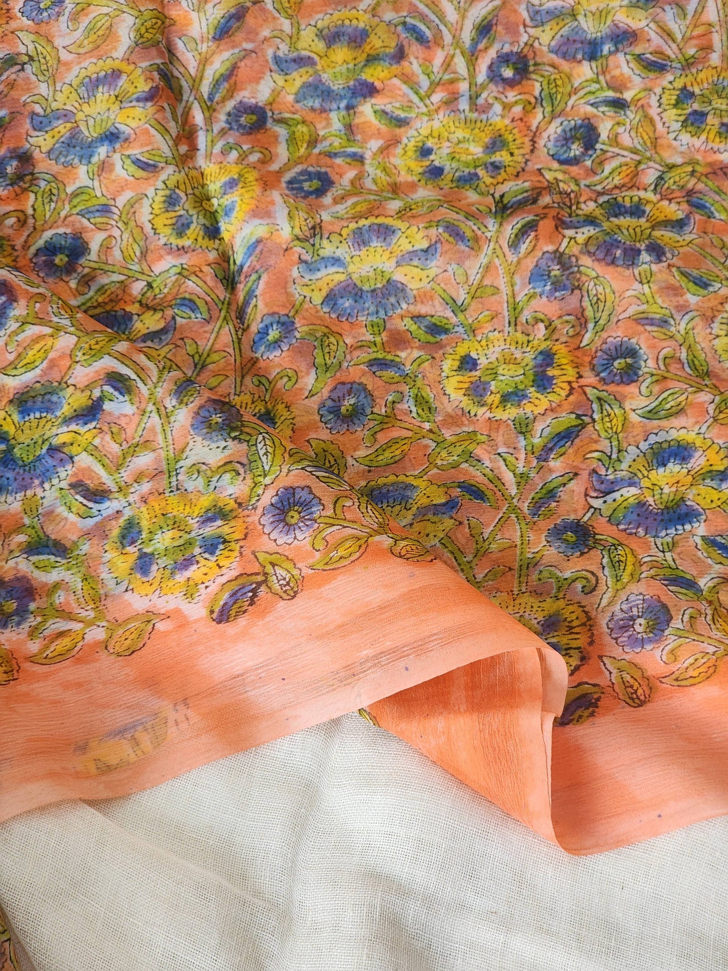 Peach Chiffon Handblock Saree