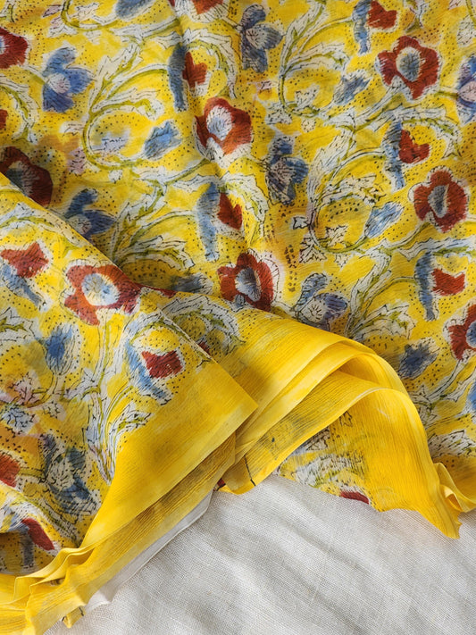 Yellow Chiffon Handblock Saree