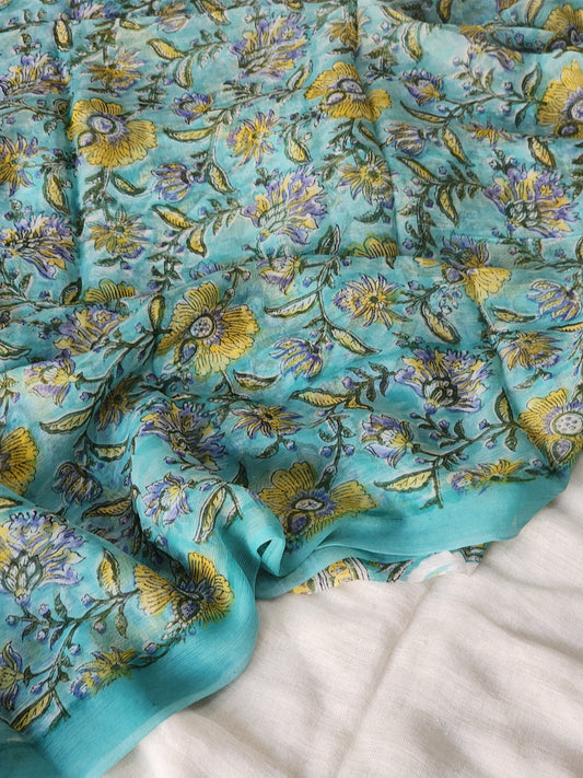 Blue Chiffon Handblock Saree