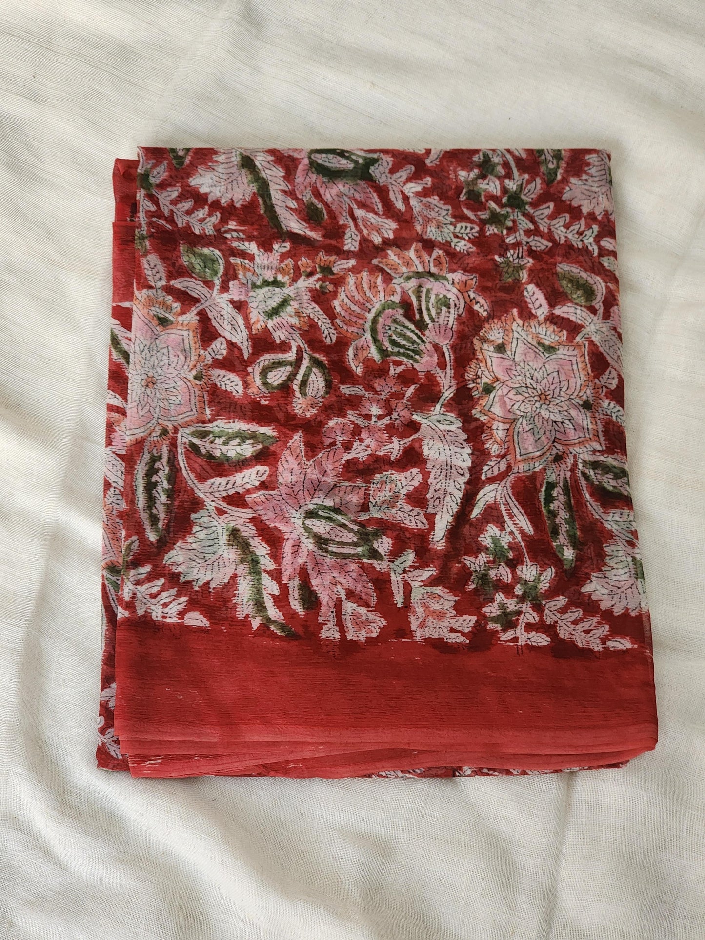 Red Chiffon Handblock Saree