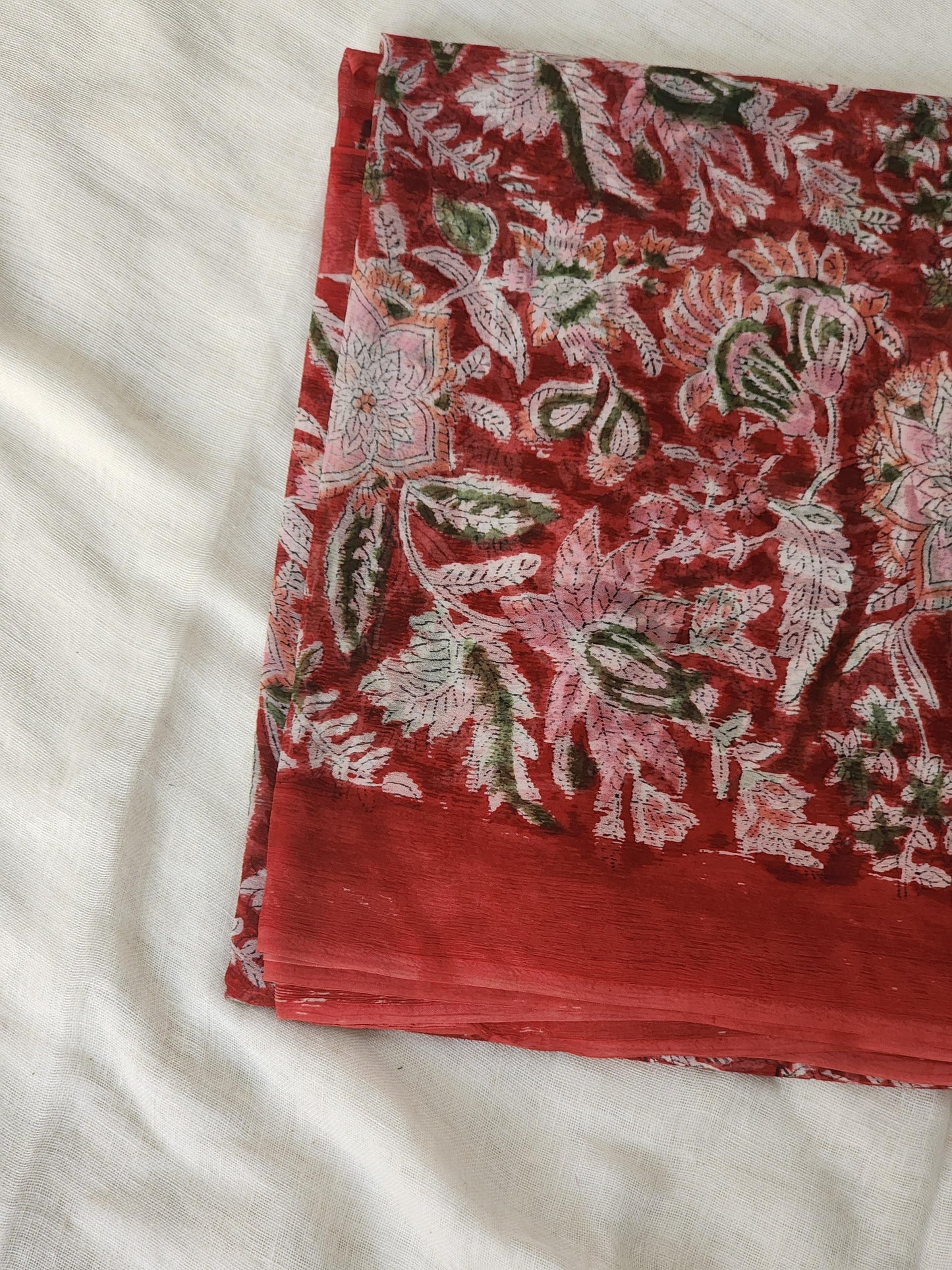 Red Chiffon Handblock Saree