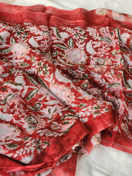 Red Chiffon Handblock Saree