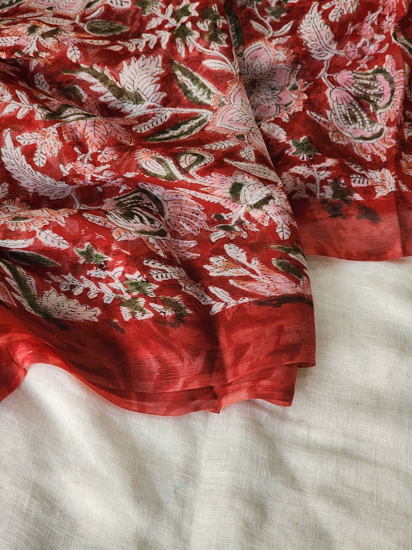 Red Chiffon Handblock Saree