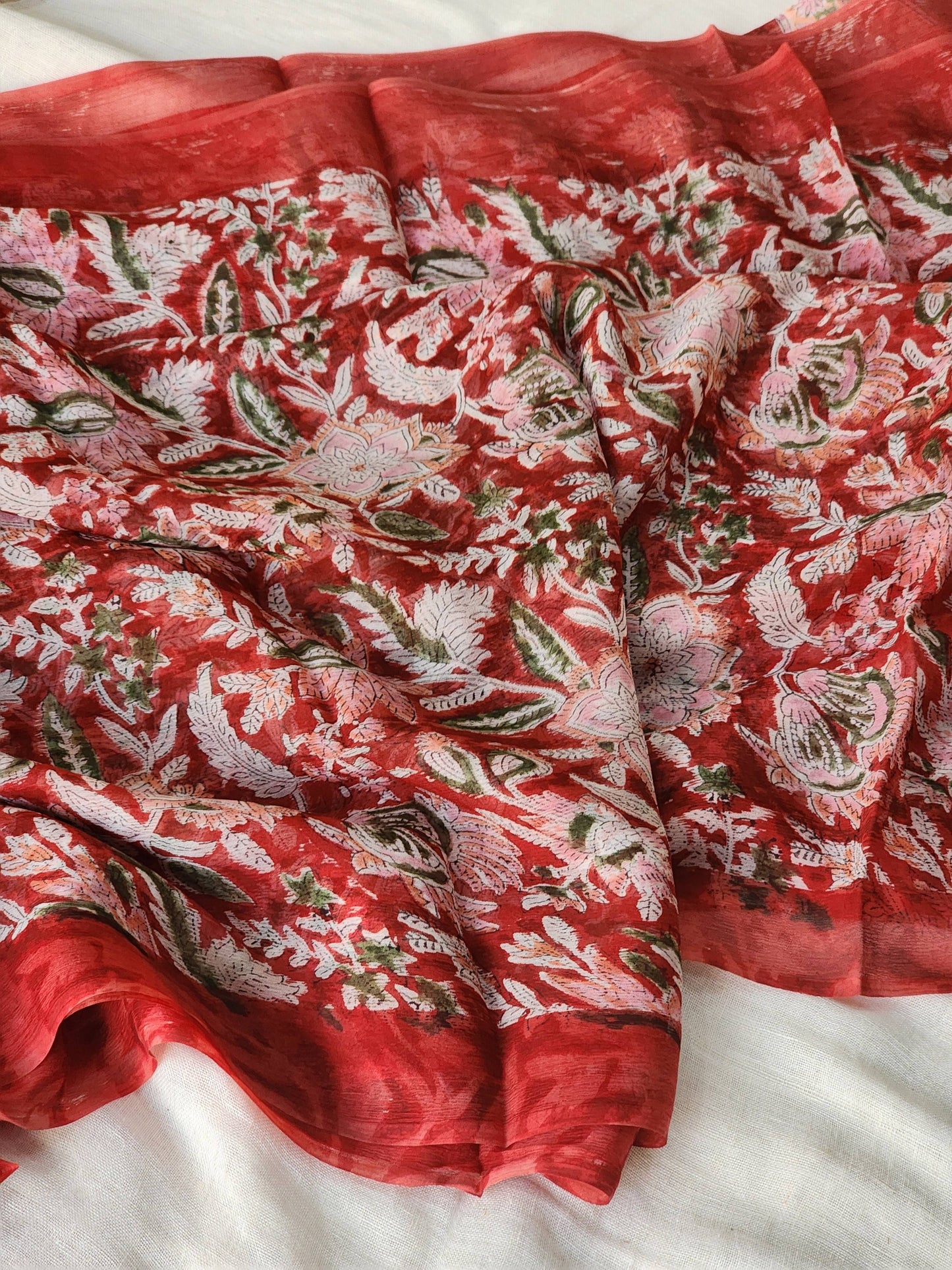 Red Chiffon Handblock Saree