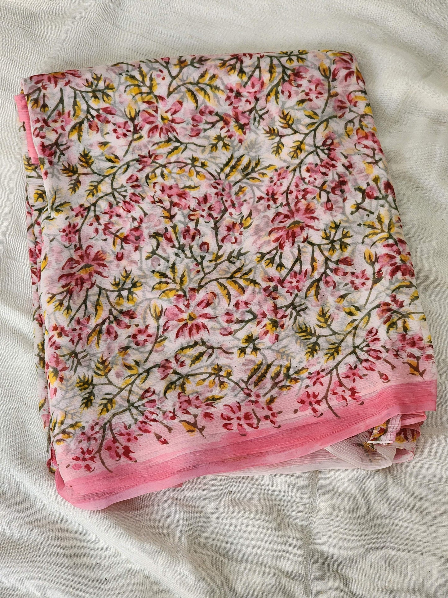 Pink Chiffon Handblock Saree