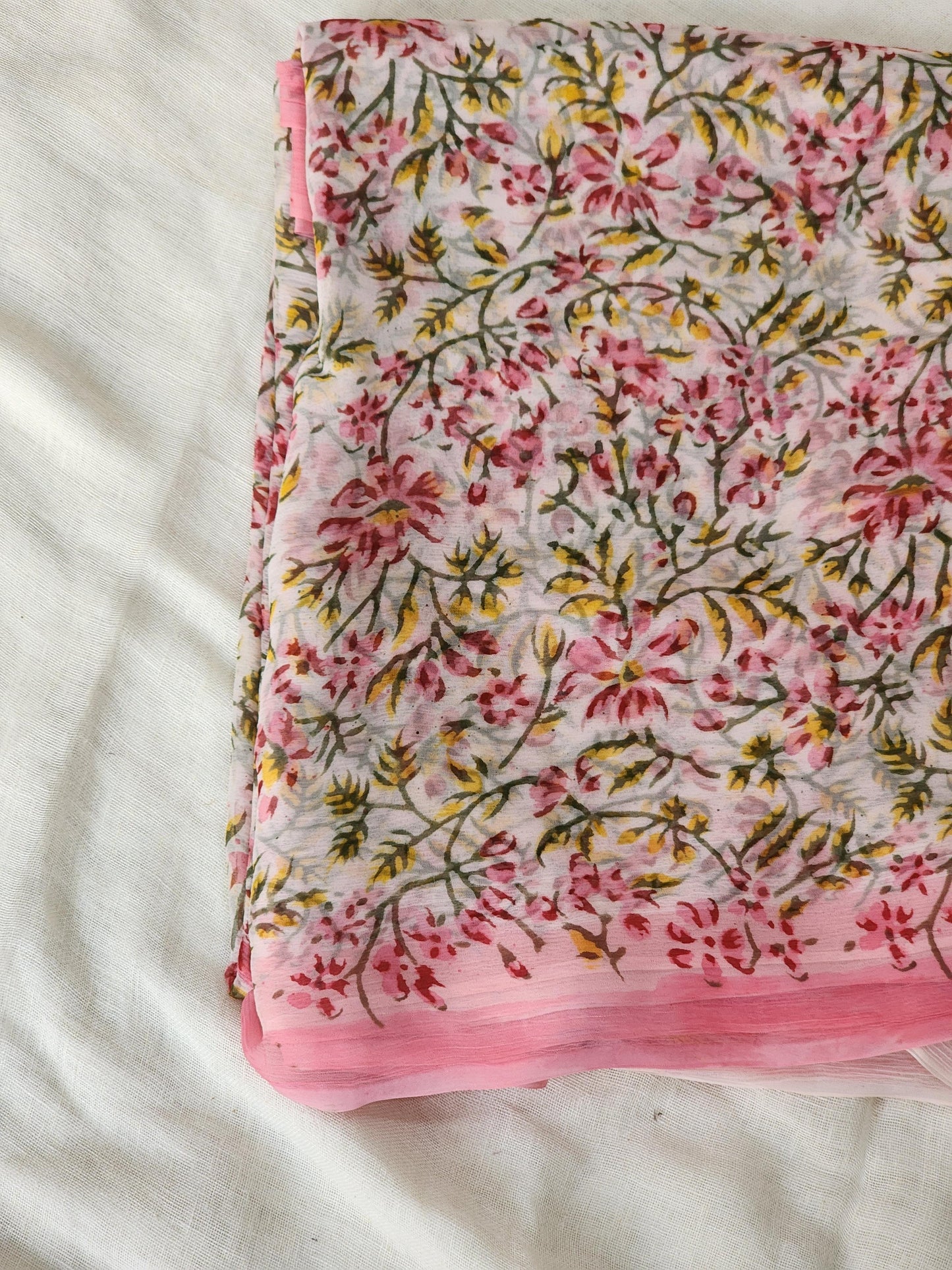 Pink Chiffon Handblock Saree