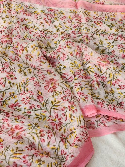 Pink Chiffon Handblock Saree
