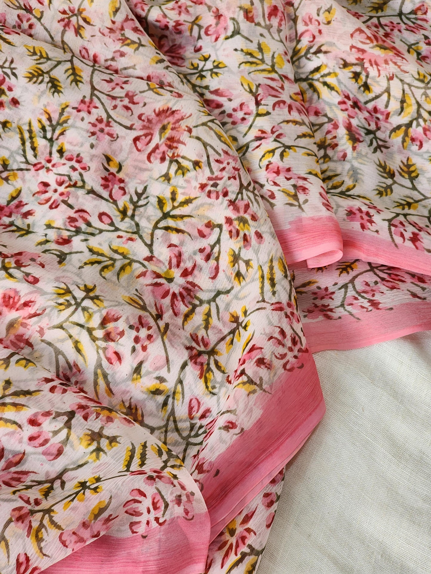 Pink Chiffon Handblock Saree