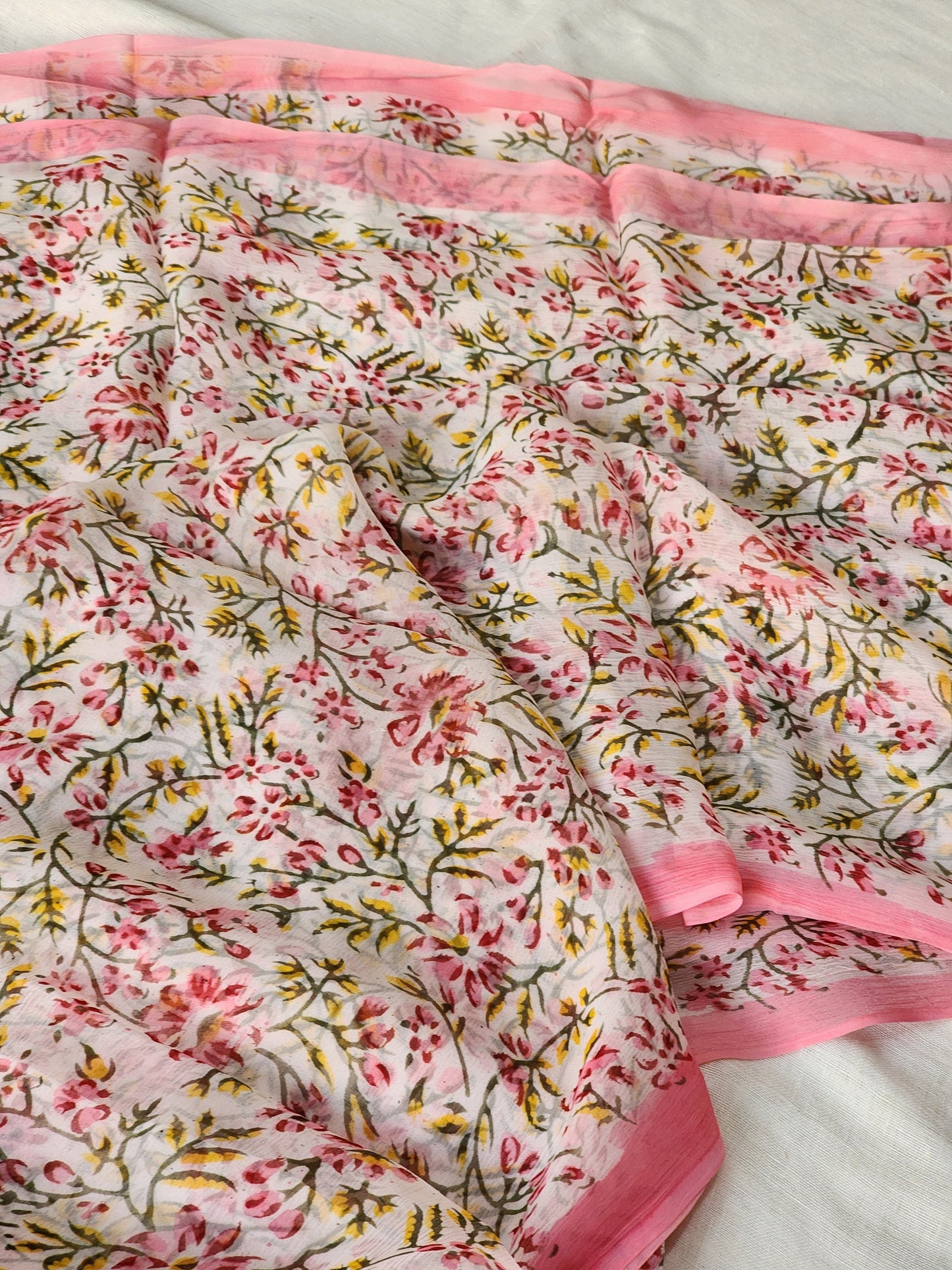 Pink Chiffon Handblock Saree