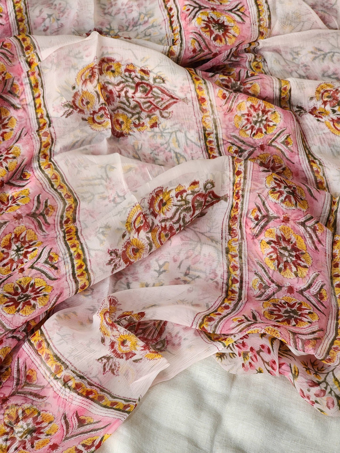 Pink Chiffon Handblock Saree