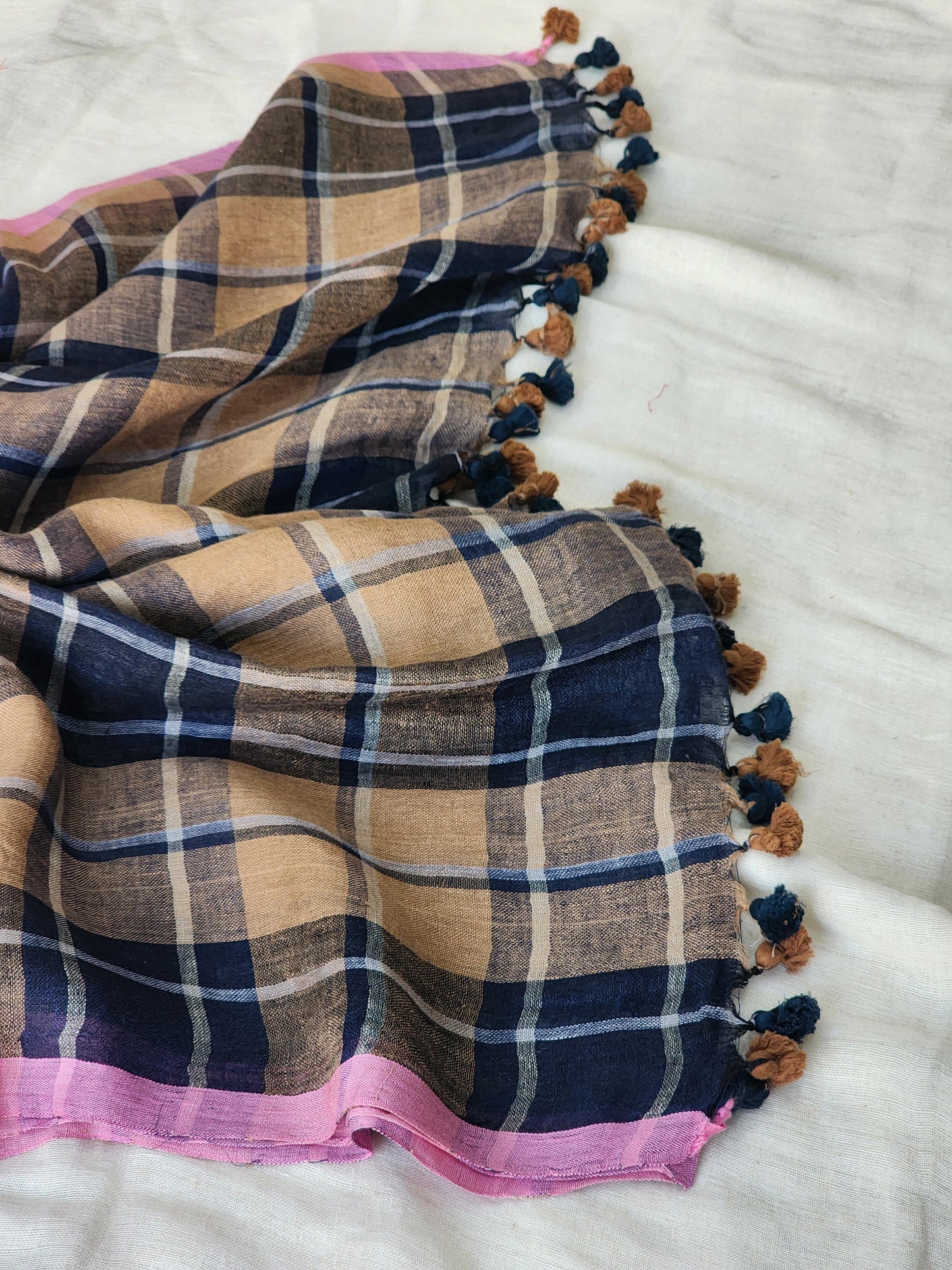 Blue & Brown Linen Saree