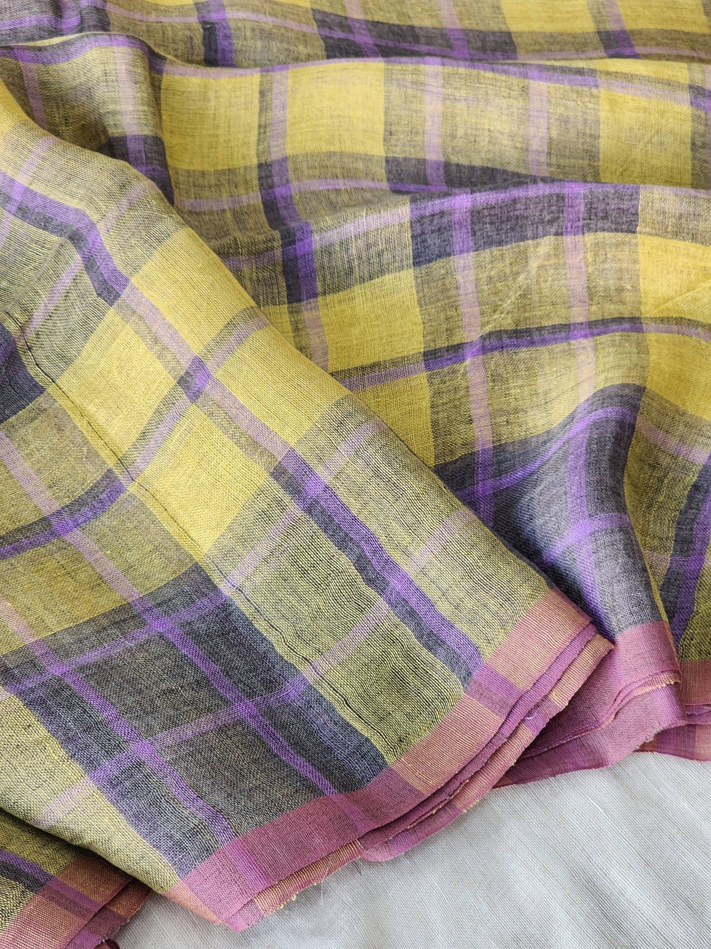 Yellow & Mauve Linen Saree