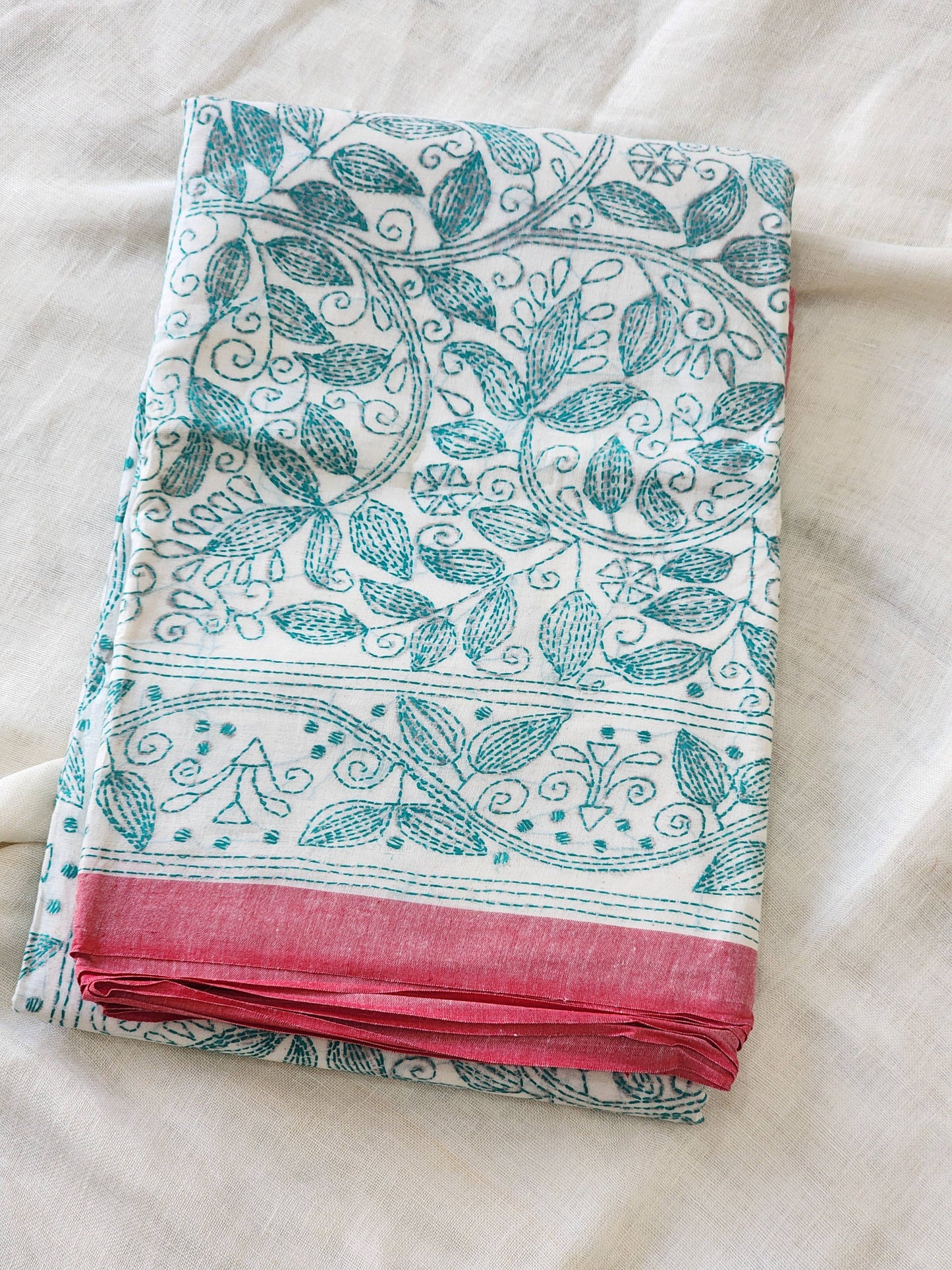 Cream Kantha Cotton Saree