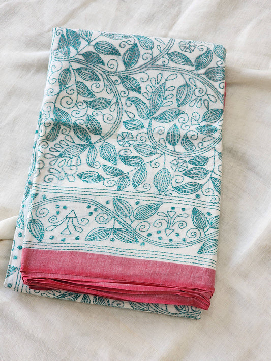 Cream Kantha Cotton Saree