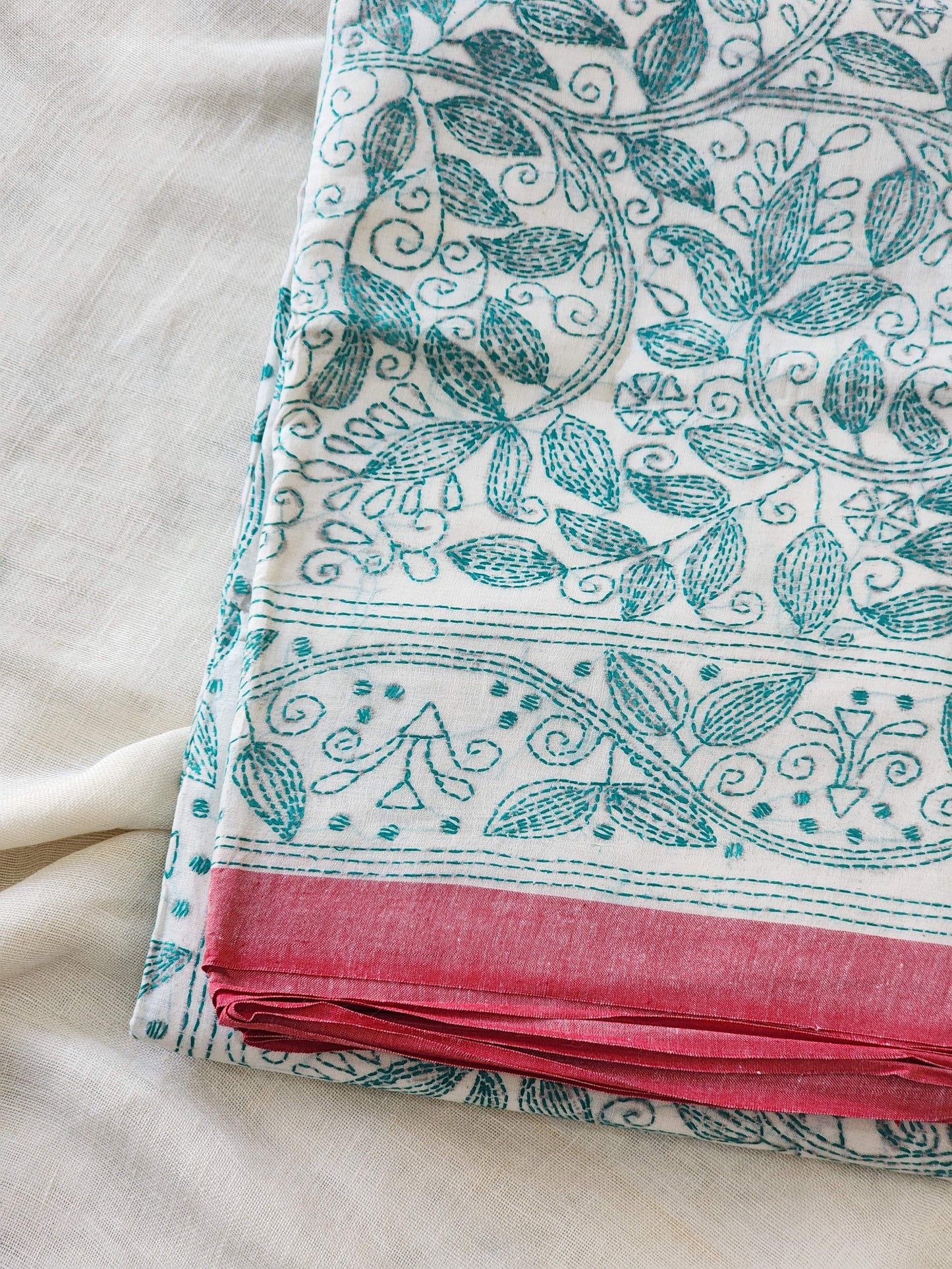 Cream Kantha Cotton Saree