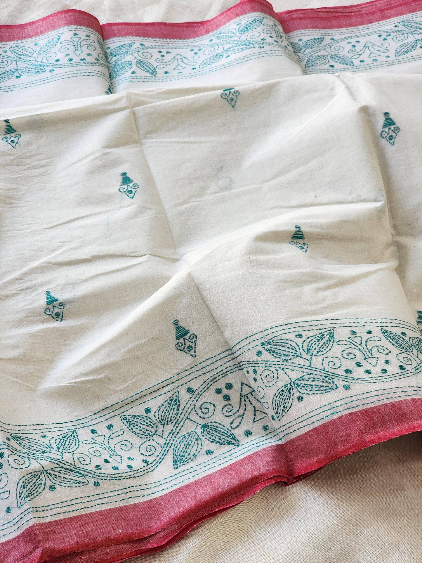Cream Kantha Cotton Saree