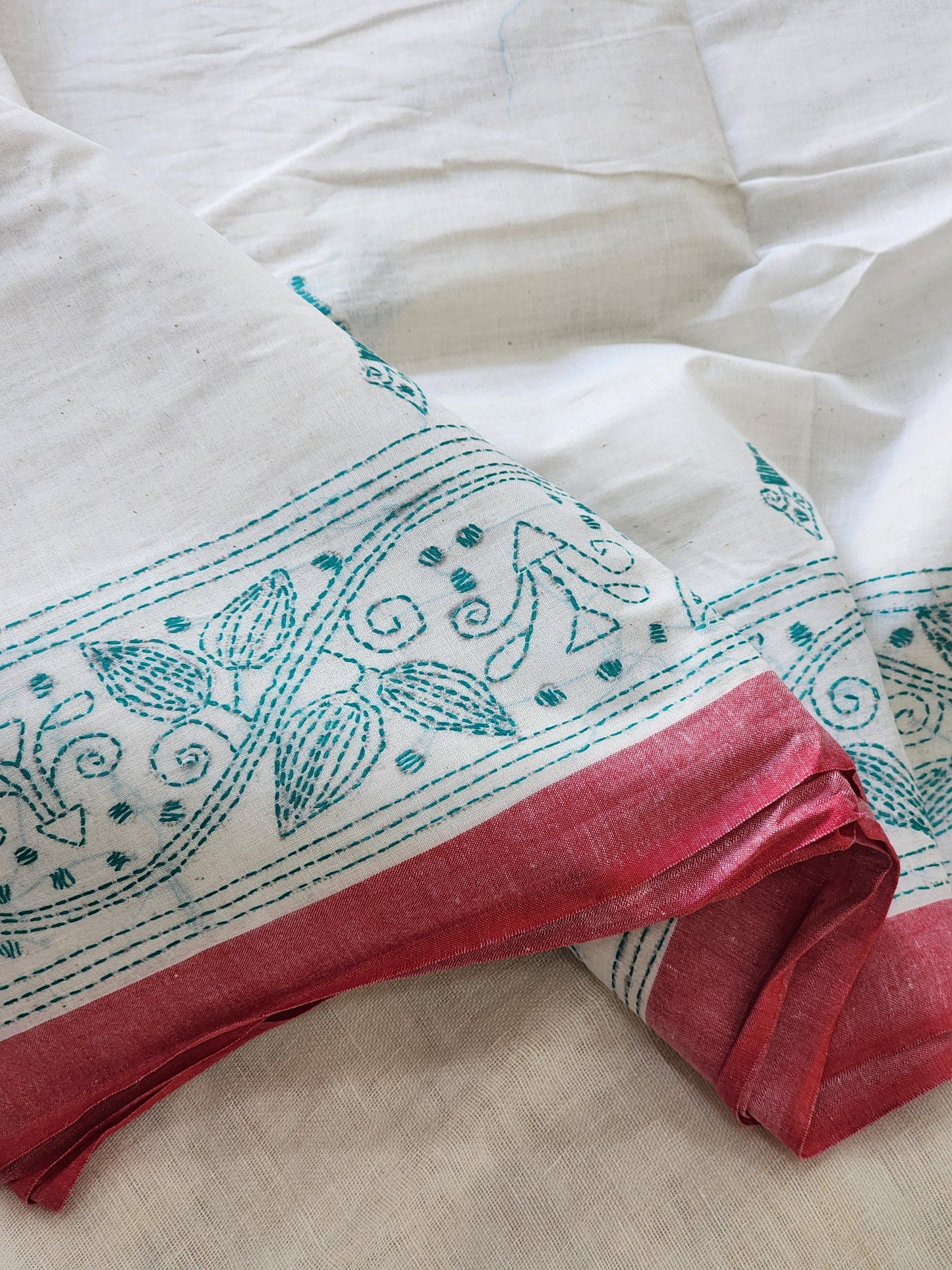 Cream Kantha Cotton Saree